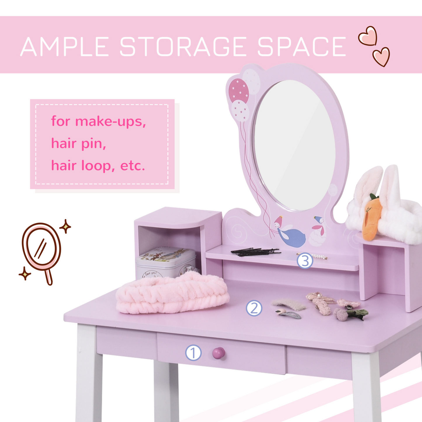 HOMCOM Kids Wooden Dressing Table and Stool Set - Pink Make Up Desk with Mirror & Storage MyLibelula