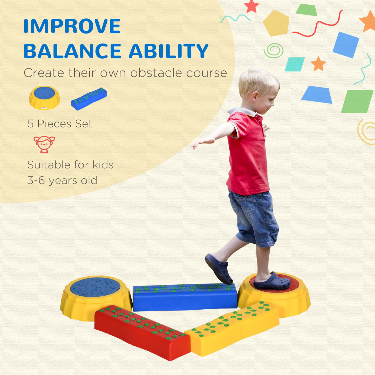 Outsunny 5 PCS Kids Stepping Stones Balance Beam Set - Non-Slip, Stackable, Durable for Toddlers MyLibelula