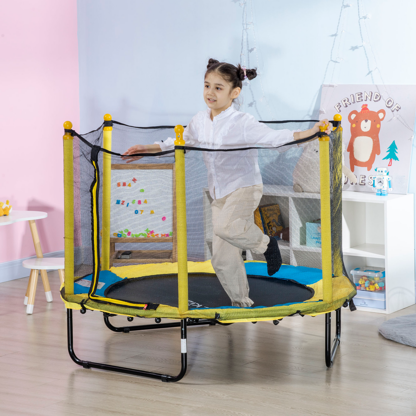 HOMCOM 4.6FT Kids Indoor Trampoline with Enclosure, Safety Net & Pads - Yellow, Ages 1-10 MyLibelula