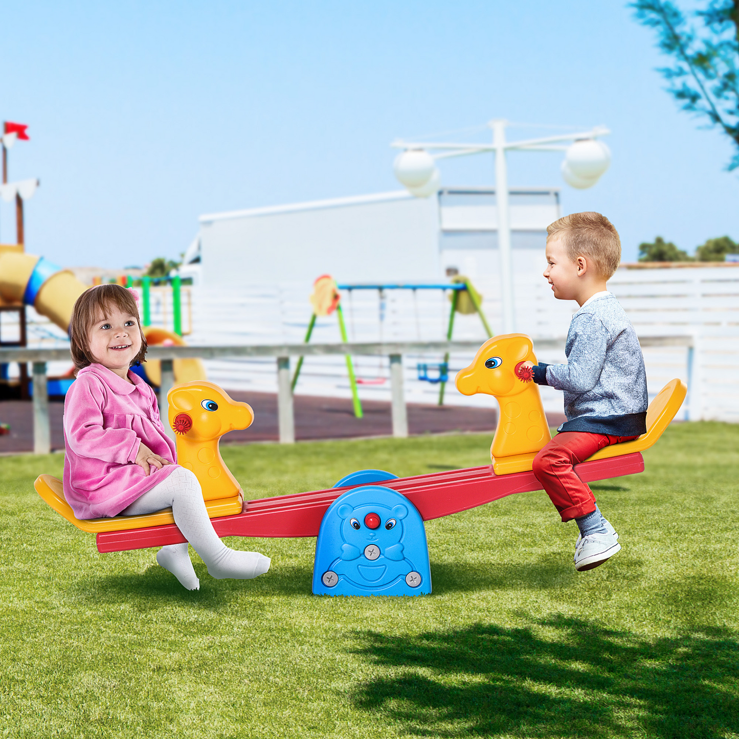 HOMCOM Kids Seesaw Teeter Totter 2 Seats with Easy-Grip Handles | Safe Indoor & Outdoor Play Equipment | Multicolor | Ages 1-4 MyLibelula