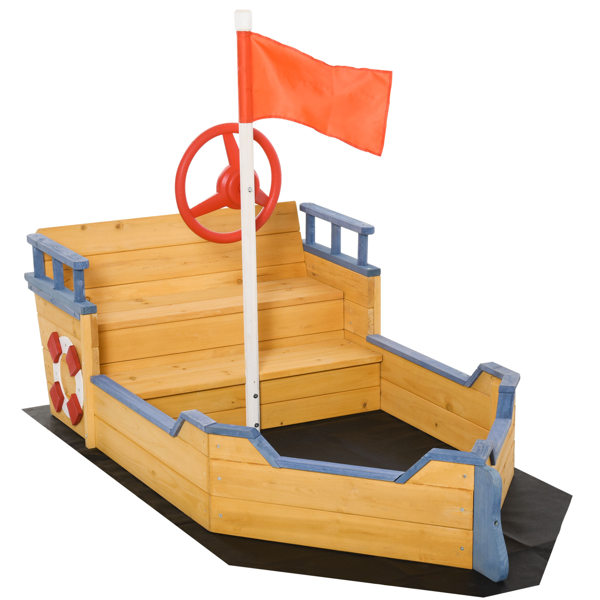 Outsunny Kids Wooden Sandpit Pirate Ship Sandbox Outdoor Playset w/ Bench & Bottom Liner MyLibelula