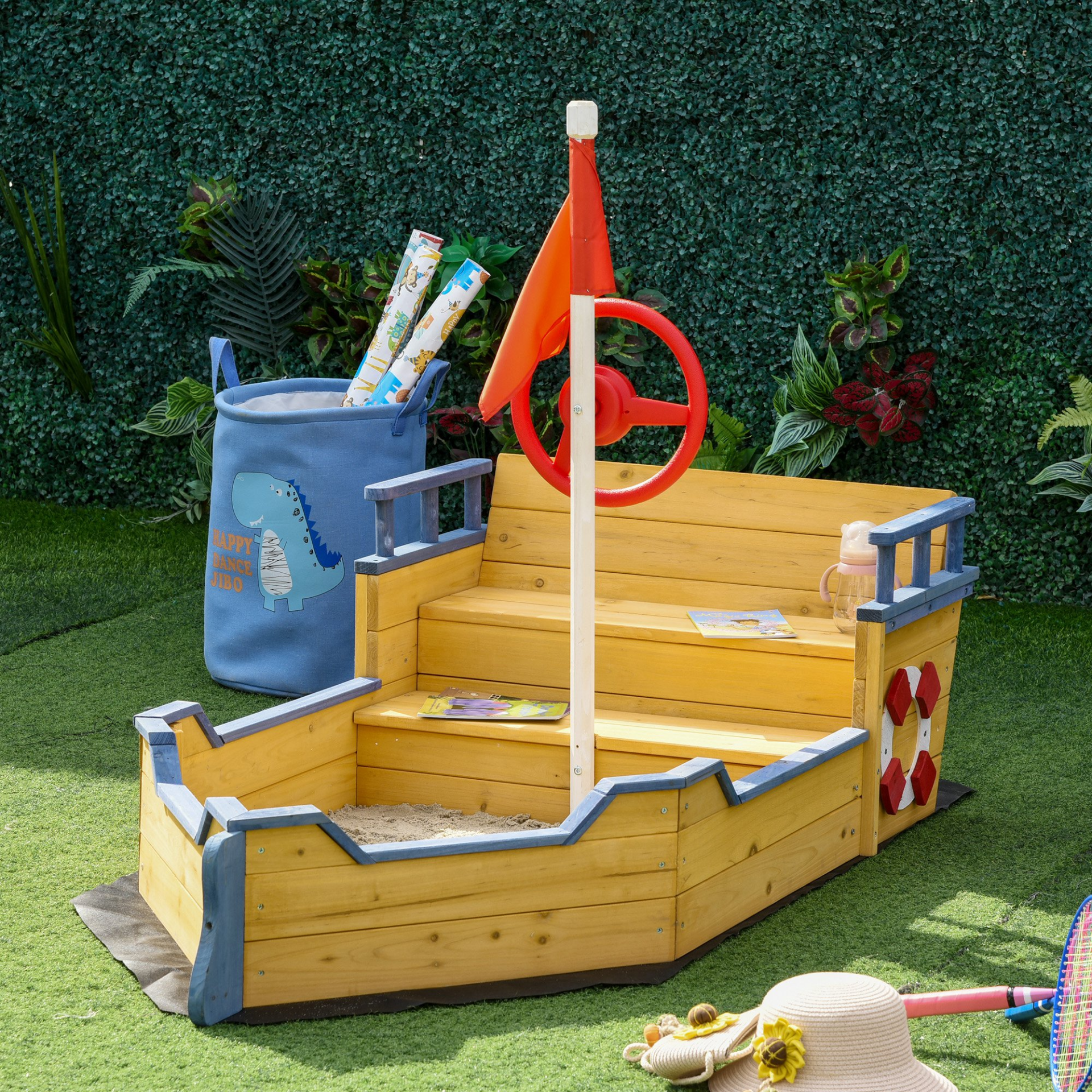 Outsunny Kids Wooden Sandpit Pirate Ship Sandbox Outdoor Playset w/ Bench & Bottom Liner MyLibelula