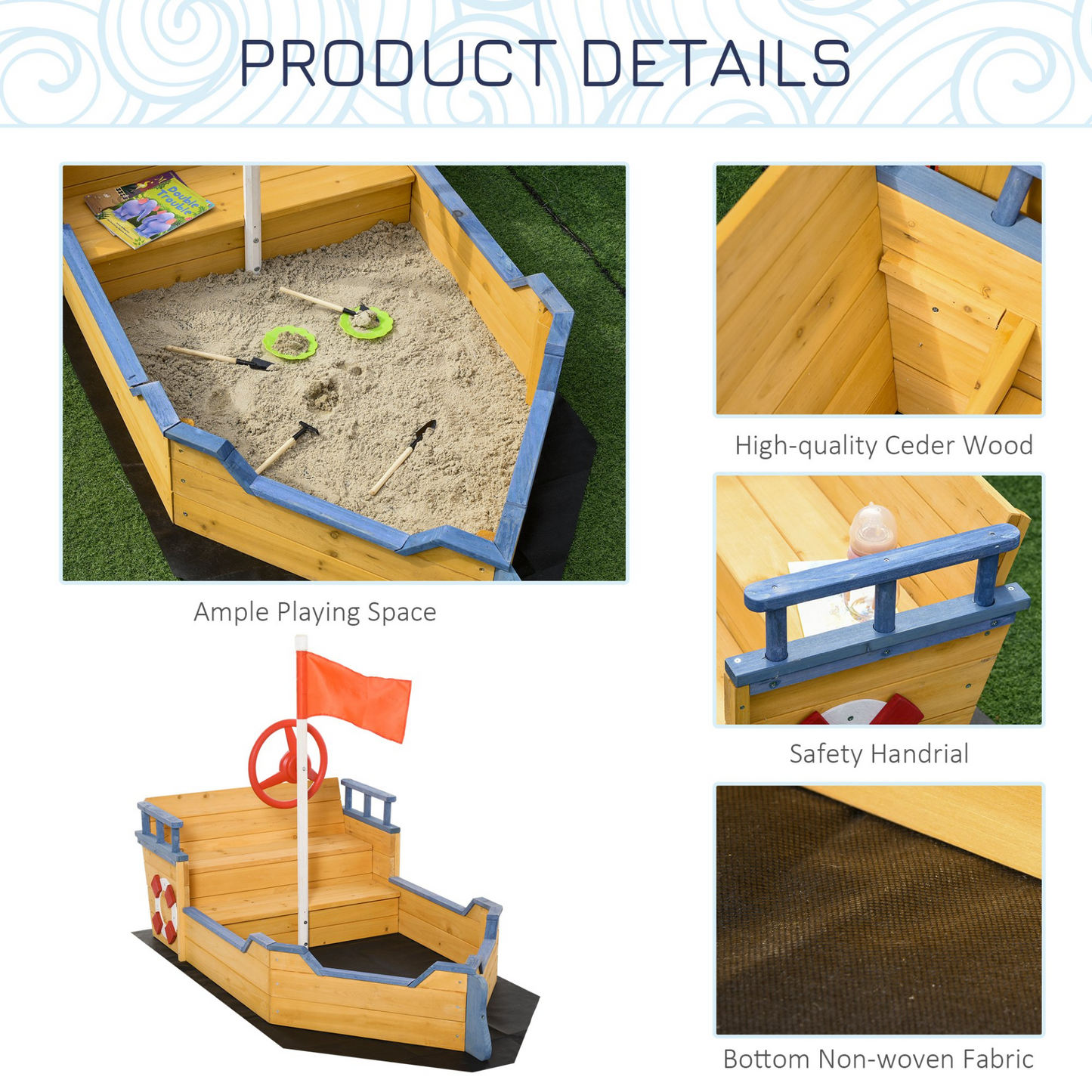 Outsunny Kids Wooden Sandpit Pirate Ship Sandbox Outdoor Playset w/ Bench & Bottom Liner MyLibelula