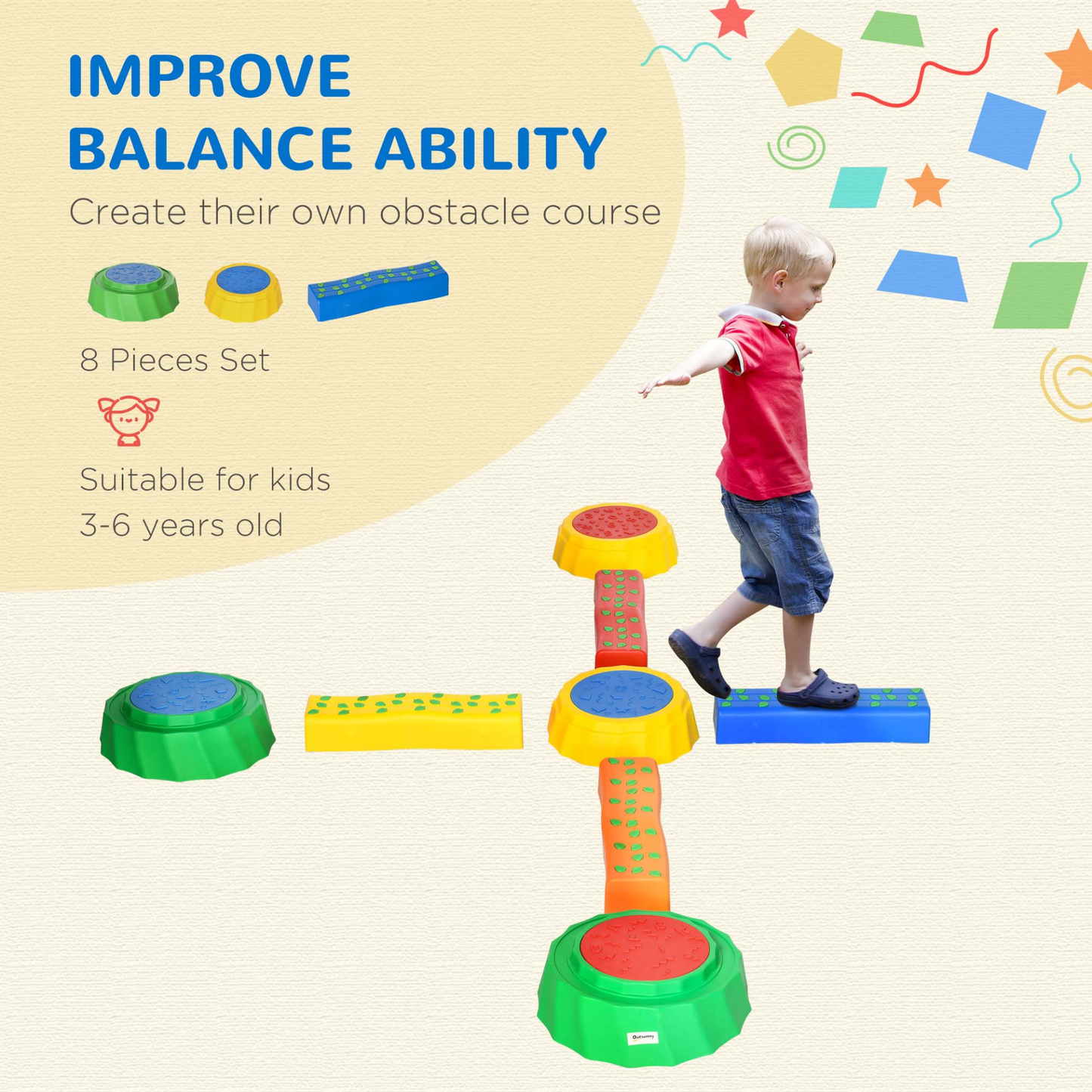 Outsunny 8 PCS Kids Stepping Stones Balance Beam with Non-Slip Surface - Stackable Toddler Stepping Stones for Fun and Development MyLibelula