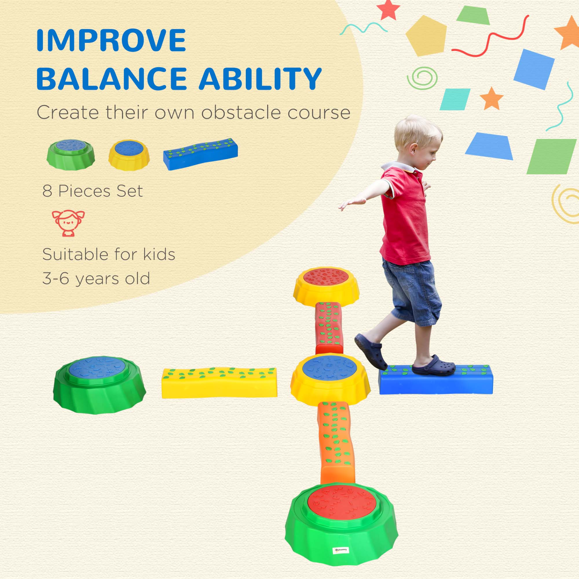 Outsunny 8 PCS Kids Stepping Stones Balance Beam with Non-Slip Surface - Stackable Toddler Stepping Stones for Fun and Development MyLibelula