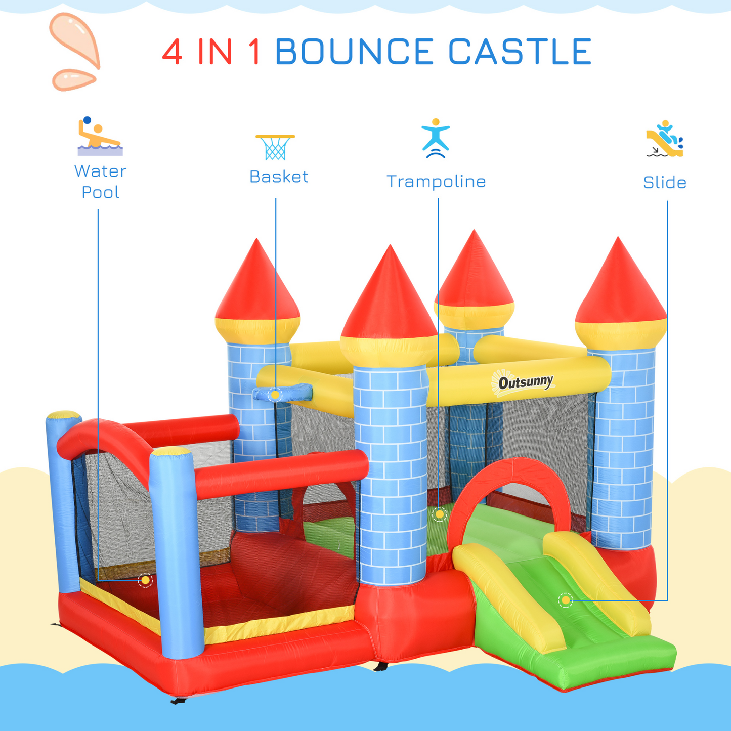 Outsunny Kids Bounce Castle House Inflatable Trampoline Slide Water Pool & Basket - 4-in-1 Fun for Ages 3-8 with Blower MyLibelula