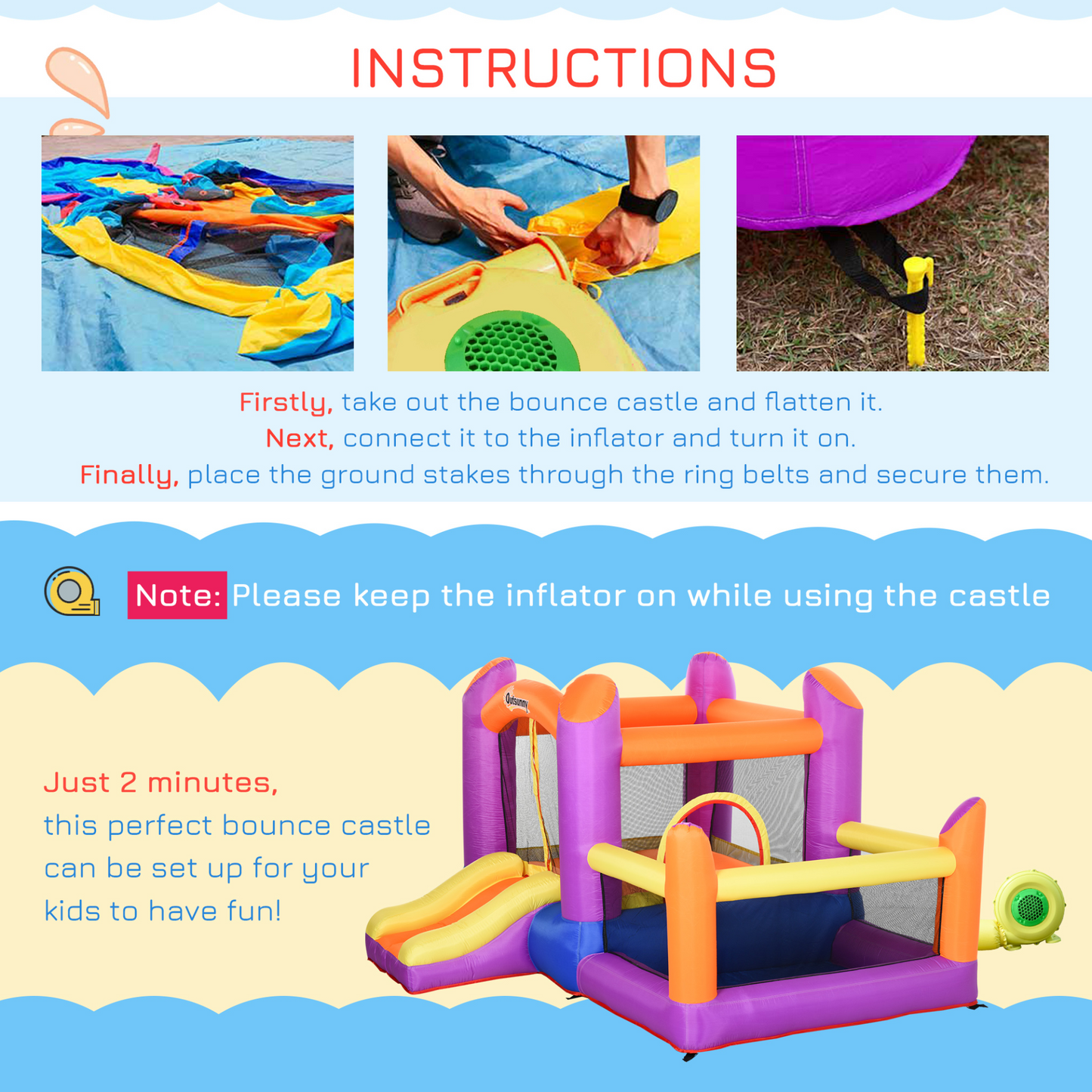 Outsunny Kids Bounce Castle House Inflatable Trampoline Slide Water Pool 3-in-1 with Blower for Kids Age 3-8 | Multi-color | 2.8 x 2.5 x 1.7m MyLibelula