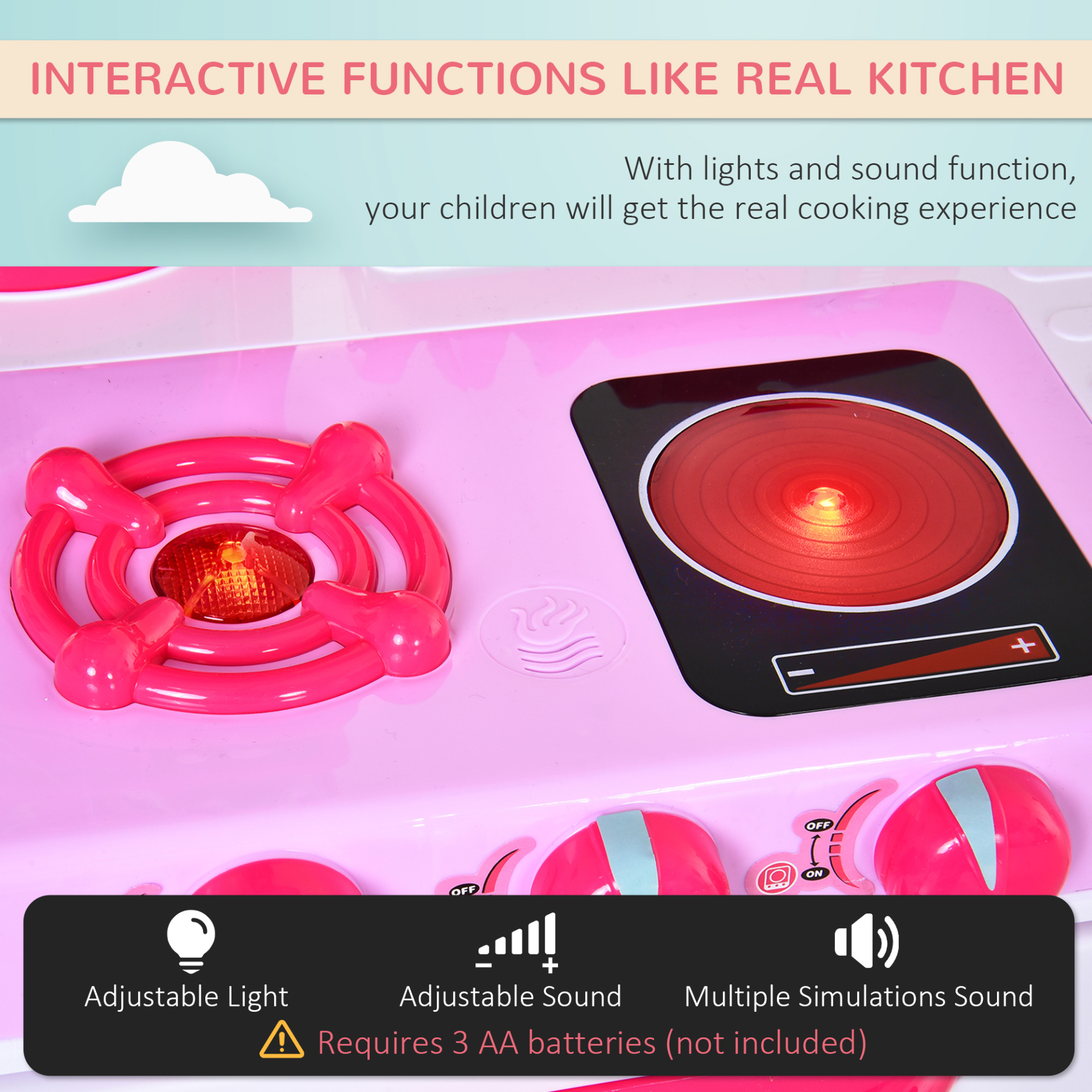 HOMCOM 38 Pcs Kids Kitchen Play Set with Realistic Sounds, Lights, Food, Utensils, Pots, Pans, Appliances - Pink MyLibelula