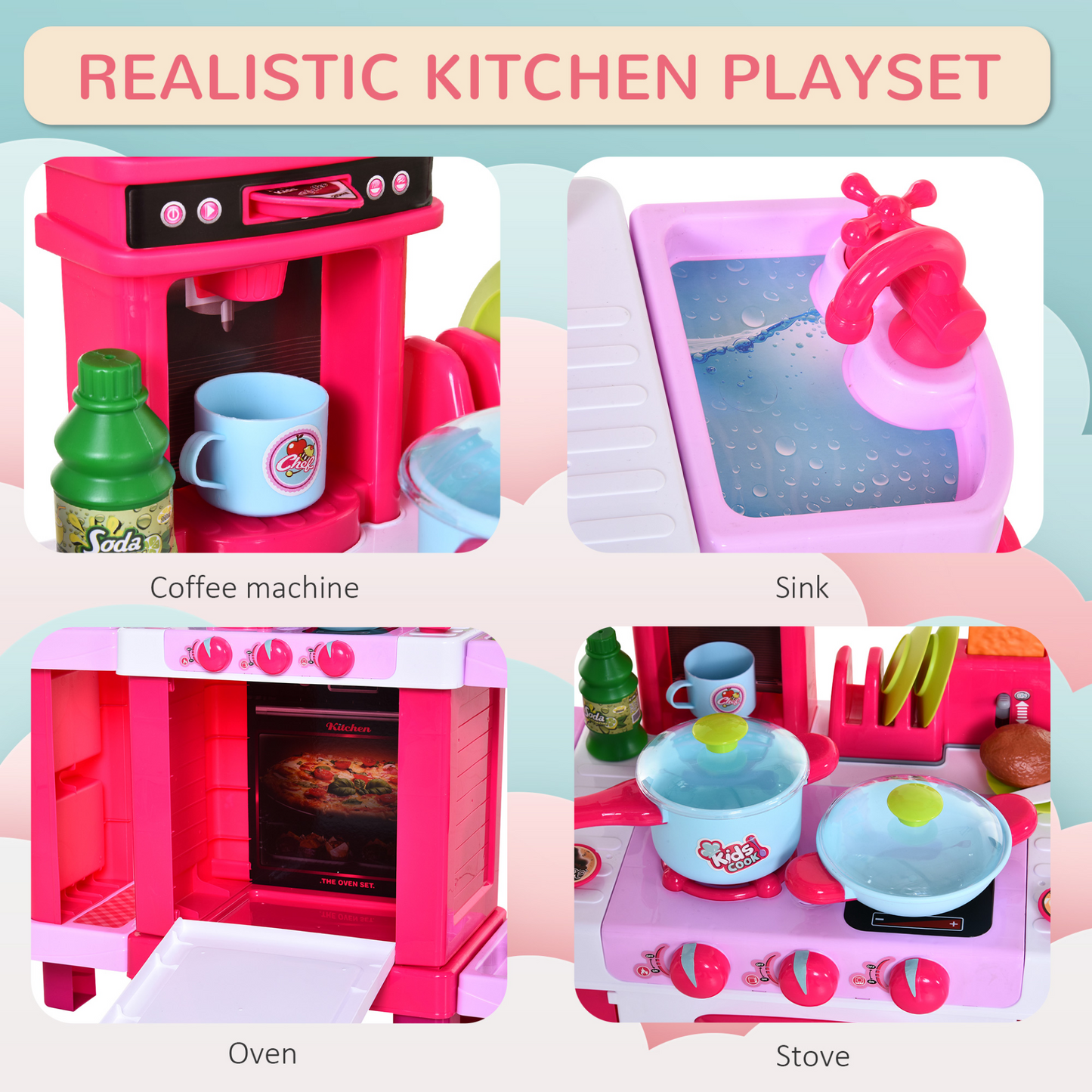 HOMCOM 38 Pcs Kids Kitchen Play Set with Realistic Sounds, Lights, Food, Utensils, Pots, Pans, Appliances - Pink MyLibelula