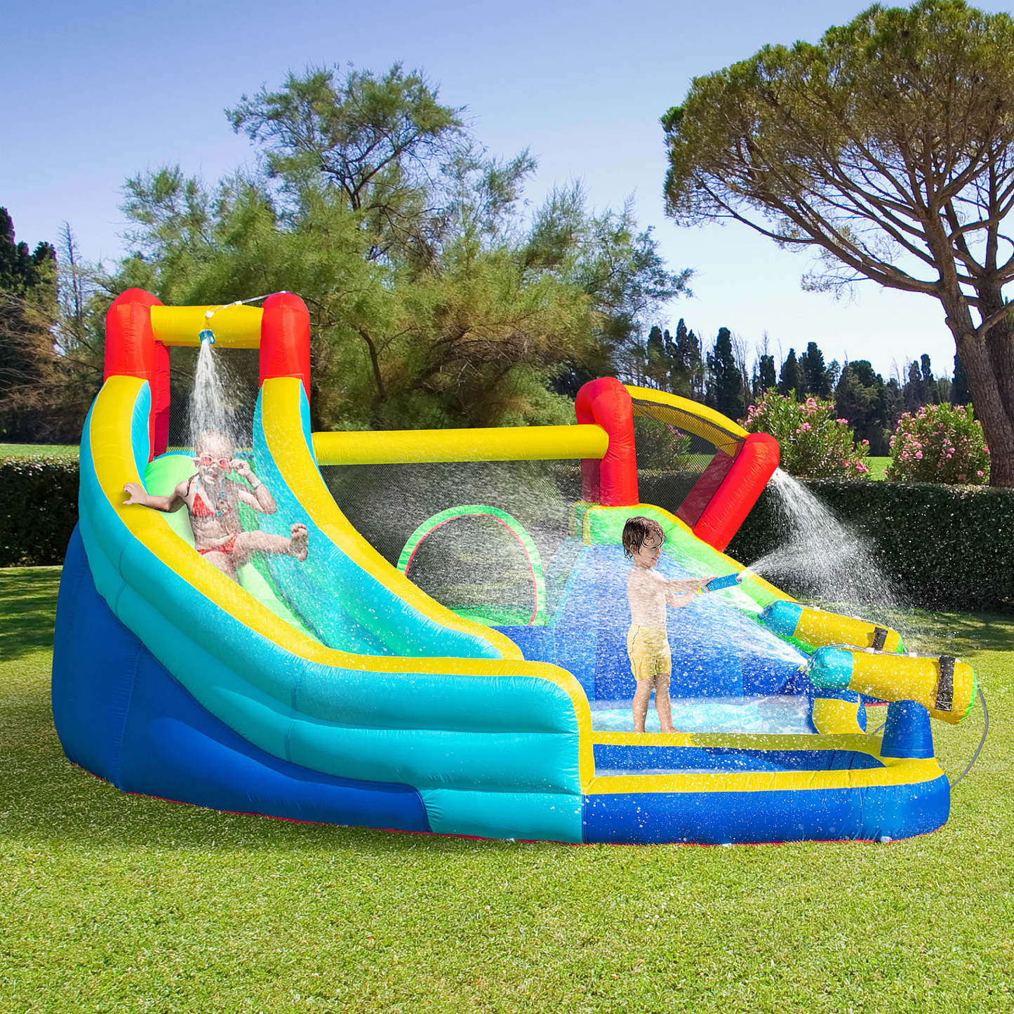 Outsunny 5-in-1 Kids Bouncy Castle Water Slide | Inflatable Bounce House with Water Pool, Guns, and Climbing Wall | Air Blower Included | For Ages 3-8 MyLibelula