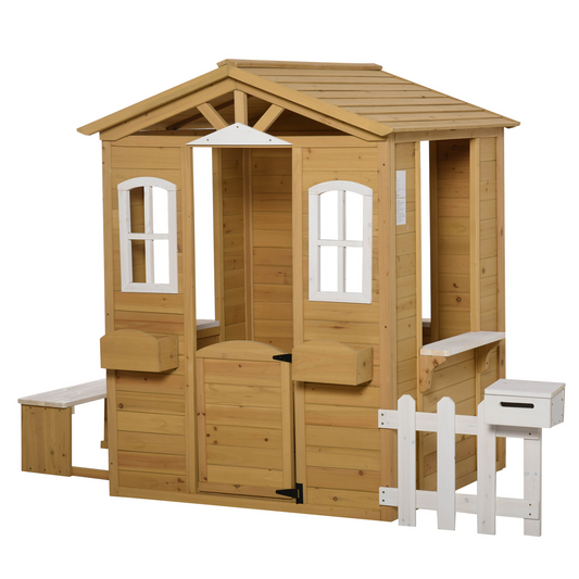 Outsunny Wooden Outdoor Playhouse with Door, Windows, Mailbox, Flower Pot Holders, Serving Station & Bench for Kids - Natural MyLibelula