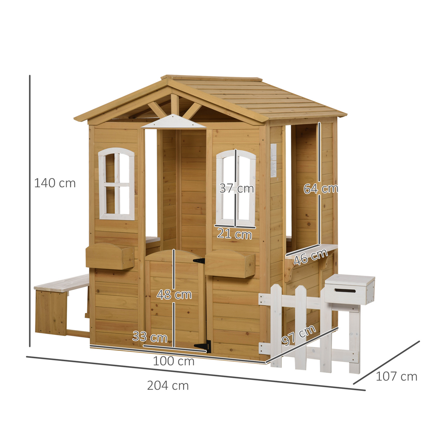 Outsunny Wooden Outdoor Playhouse with Door, Windows, Mailbox, Flower Pot Holders, Serving Station & Bench for Kids - Natural MyLibelula