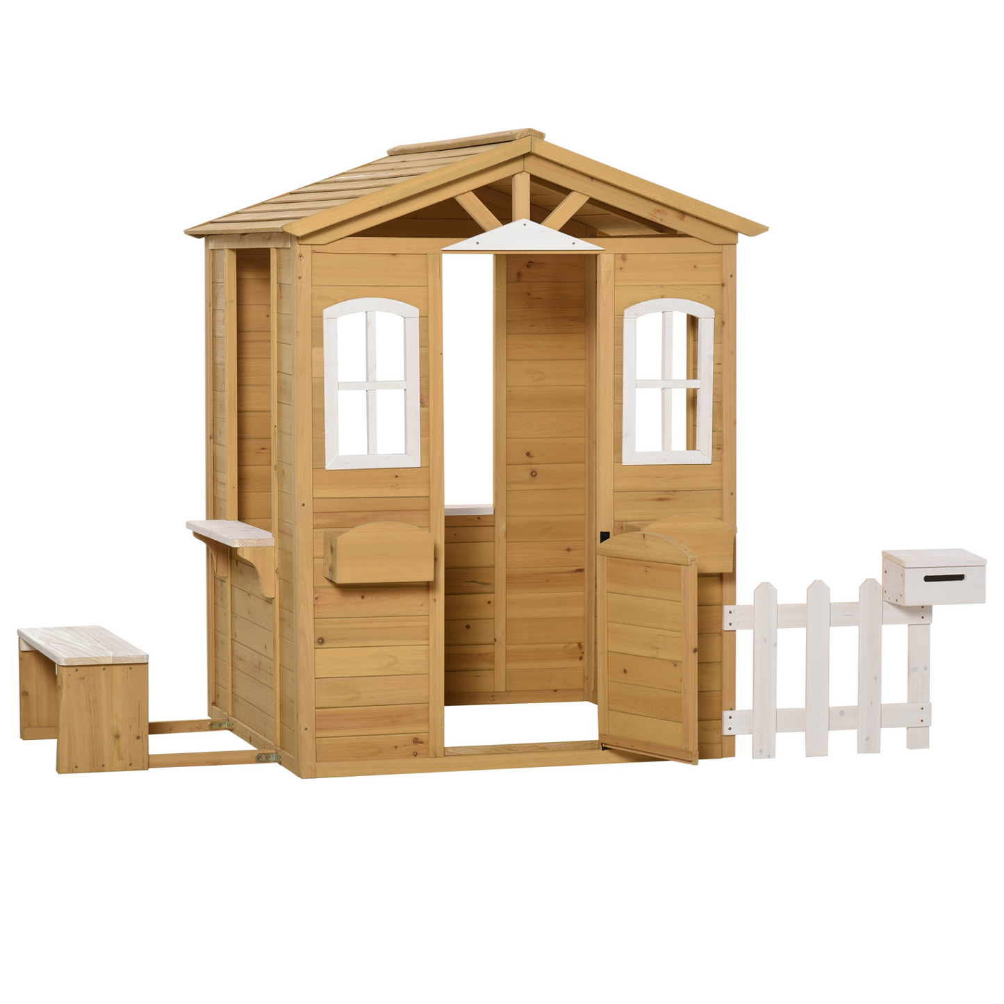 Outsunny Wooden Outdoor Playhouse with Door, Windows, Mailbox, Flower Pot Holders, Serving Station & Bench for Kids - Natural MyLibelula