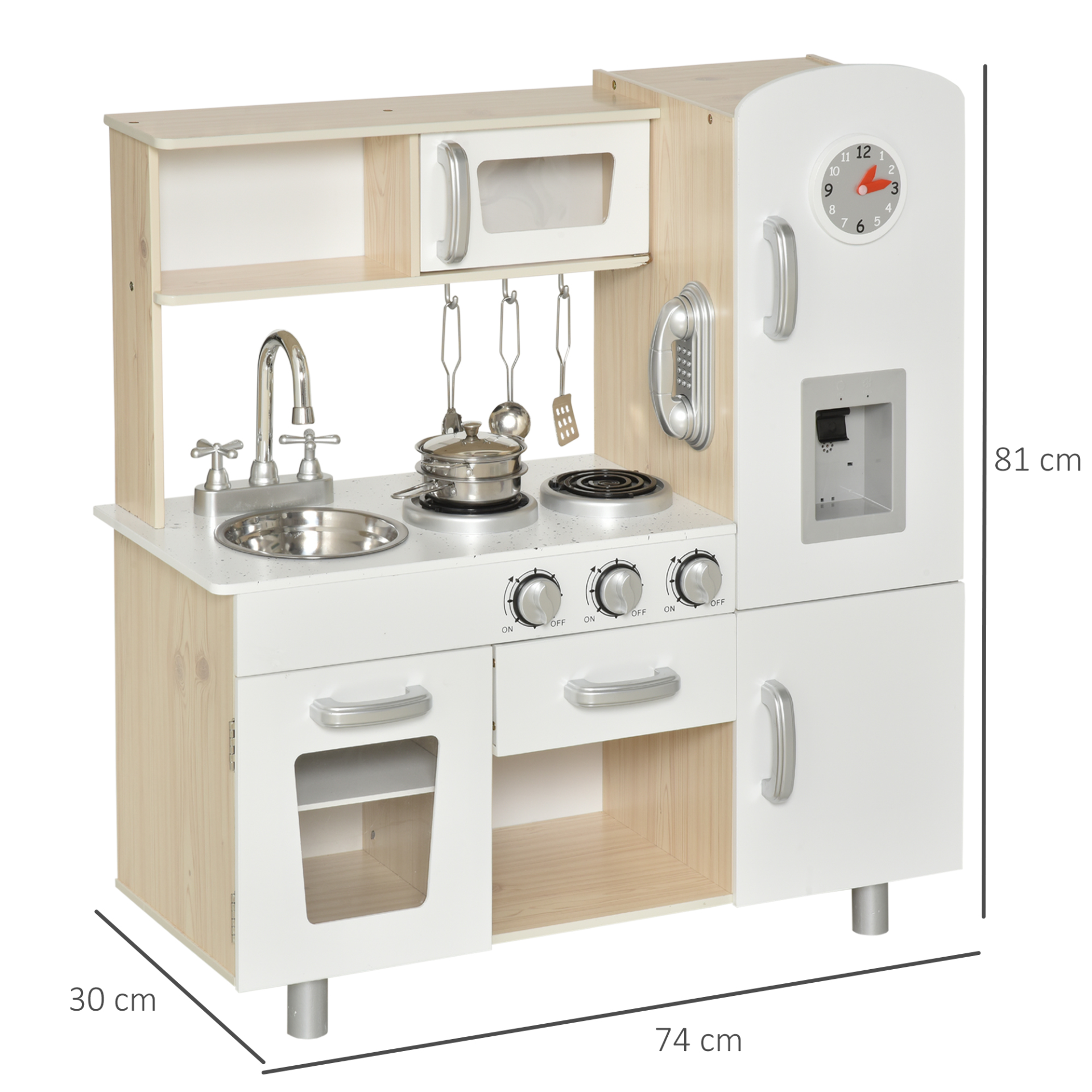 HOMCOM Kids Wooden Pretend Play Toy Kitchen Cooking Set with Role Play Phone - White MyLibelula