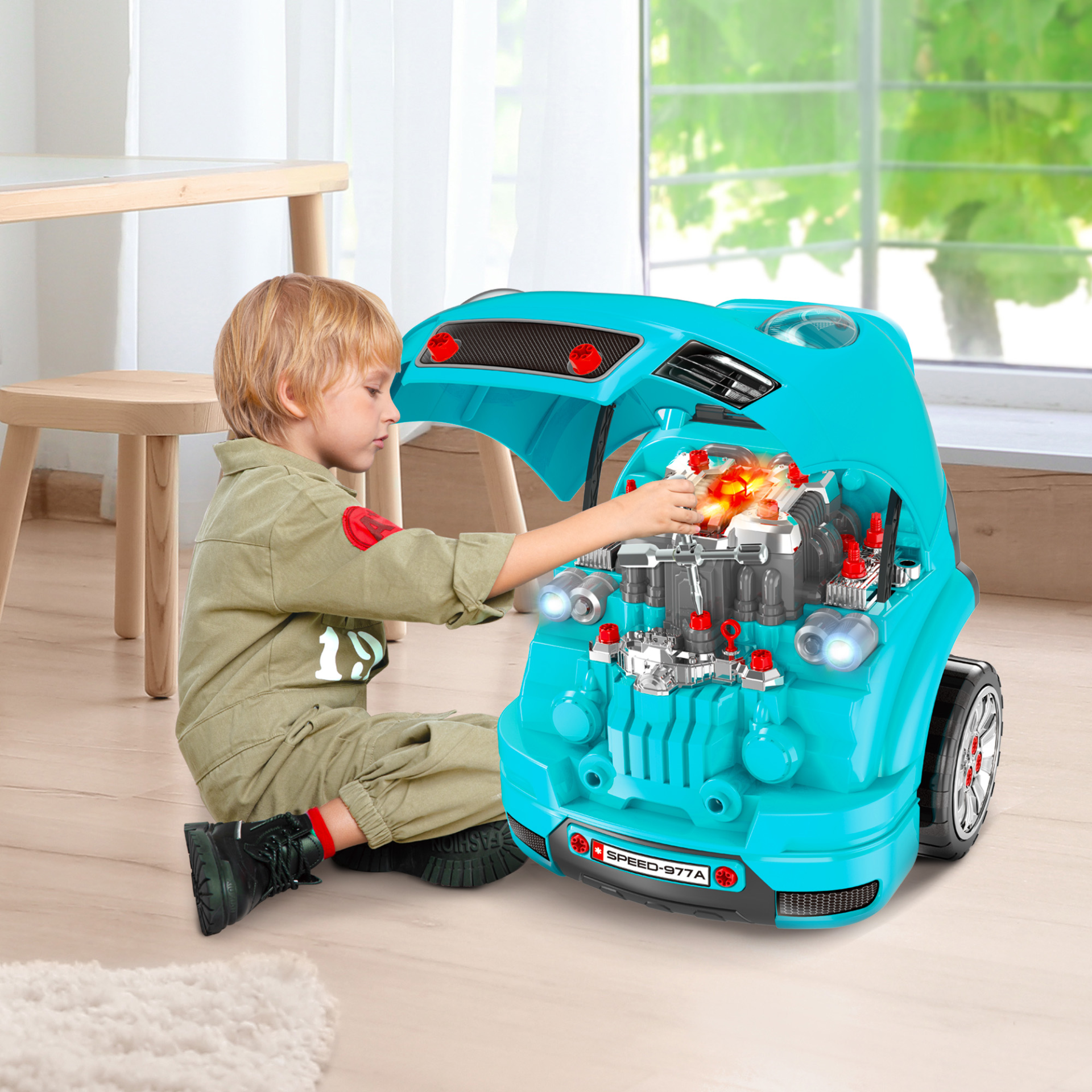 HOMCOM Kids Truck Engine Toy Set - Educational Car Service Station in Teal Green for Ages 3-5 MyLibelula