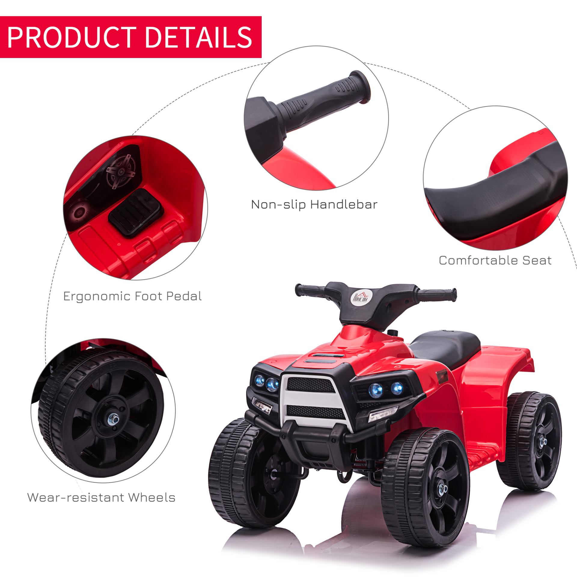 HOMCOM 6V Kids Electric Ride on Car ATV Toy Quad Bike With Headlights - Red, Toddlers 18-36 Months MyLibelula