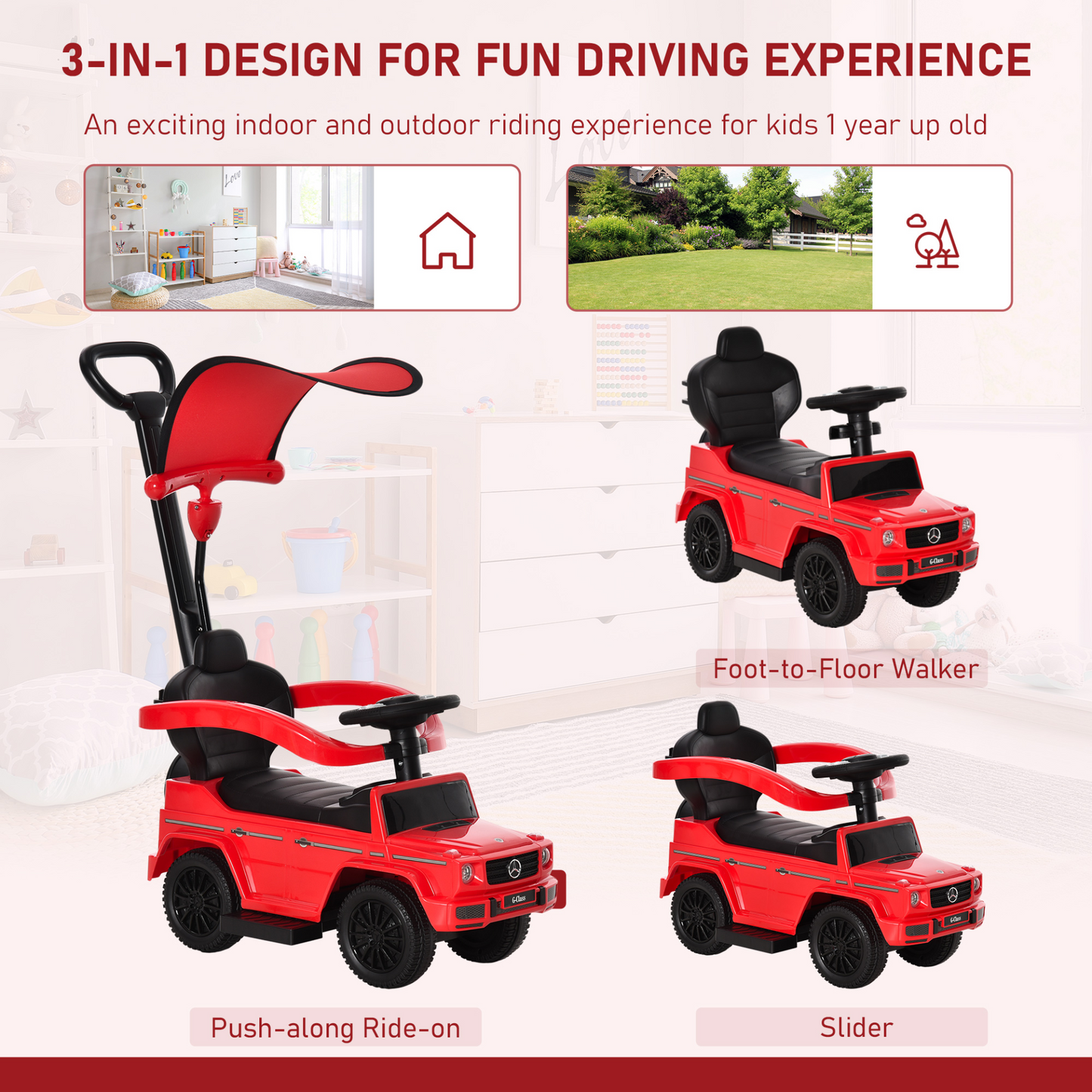 HOMCOM 3 in 1 Kids Ride on Push Car - Licensed Mercedes Benz G350 Walker, Red MyLibelula