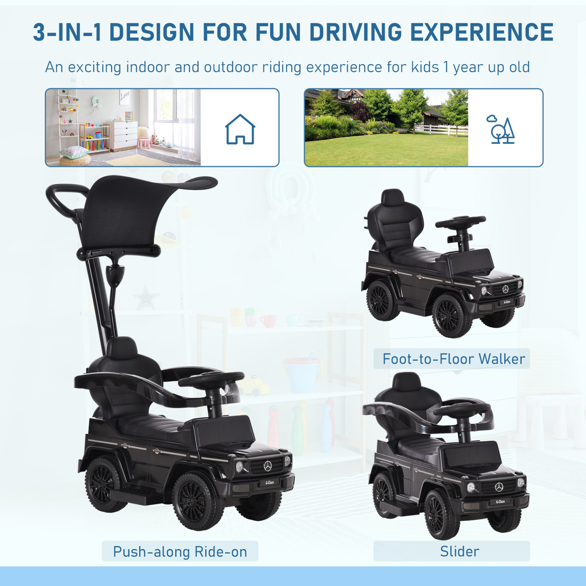 HOMCOM 3 in 1 Kids Ride On Push Car - Mercedes Benz G350, Foot to Floor Slider, Manual, Black MyLibelula