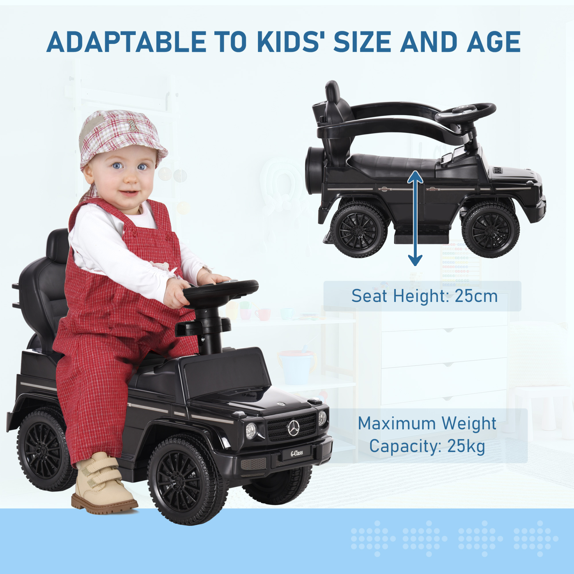 HOMCOM 3 in 1 Kids Ride On Push Car - Mercedes Benz G350, Foot to Floor Slider, Manual, Black MyLibelula