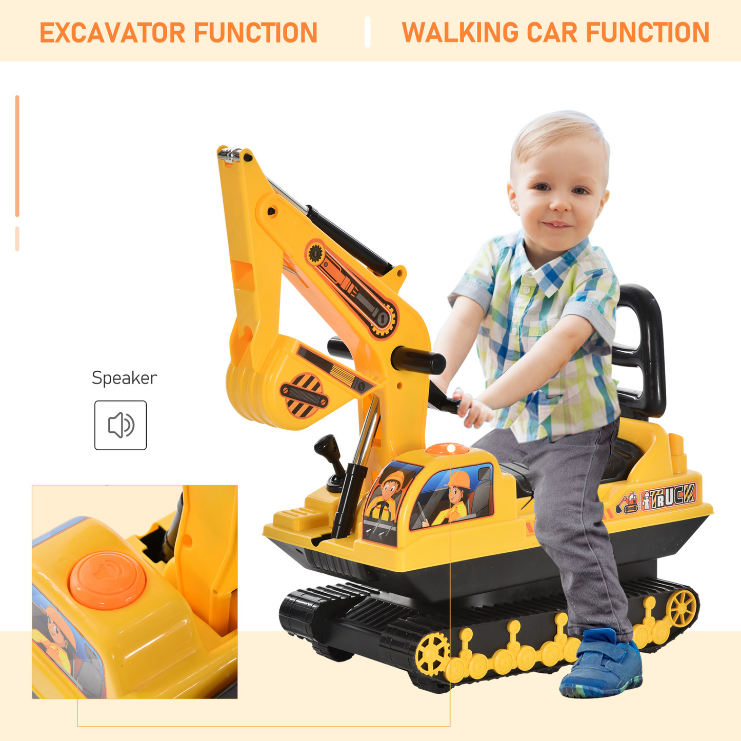 HOMCOM 2-in-1 Kids Ride On Digger Excavator Toy - Toddler Walker Truck with Storage for Boys and Girls, Ages 3+, Yellow MyLibelula