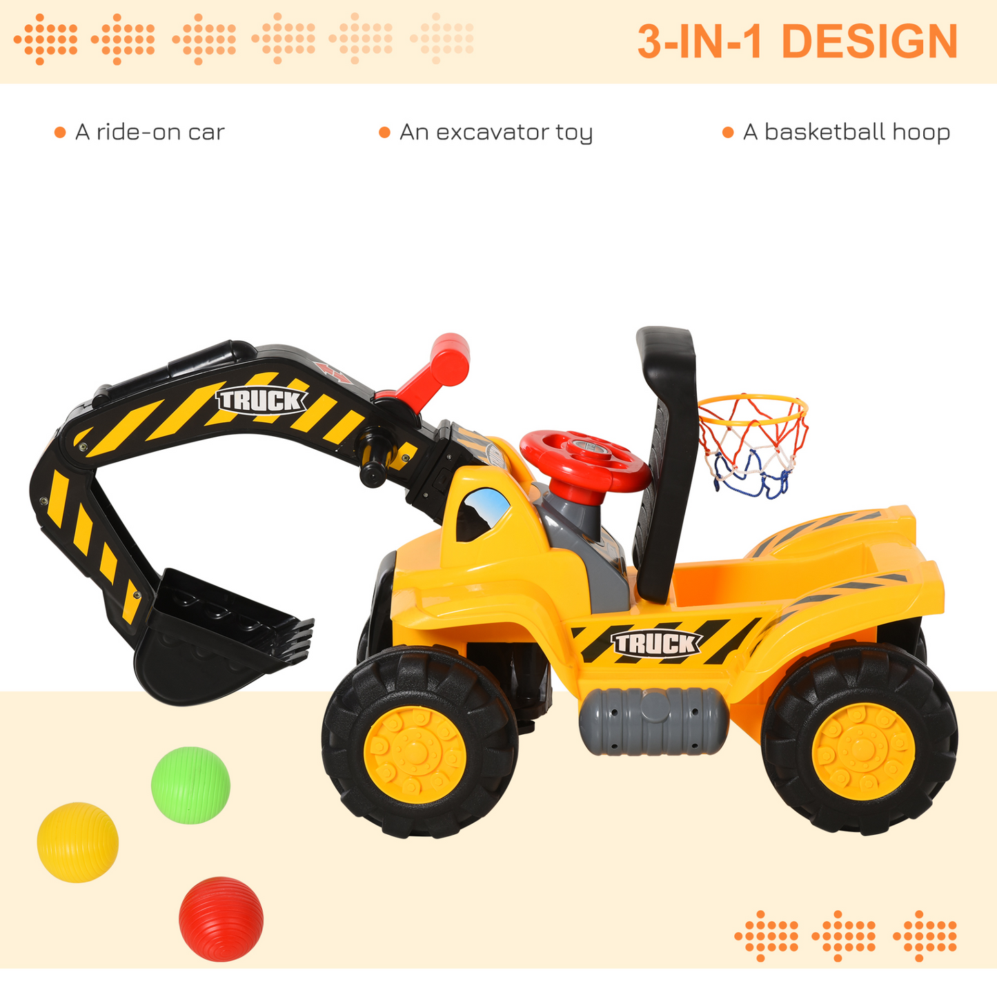 HOMCOM Kids Ride On Excavator Digger with Storage and Basketball Net - Fun and Interactive 3-in-1 Construction Truck Toy MyLibelula