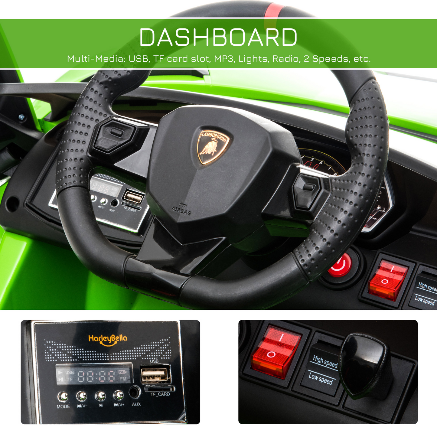 HOMCOM 12V Kids Electric Lamborghini Aventador Ride On Car - Remote Control, Music, Lights, Green MyLibelula