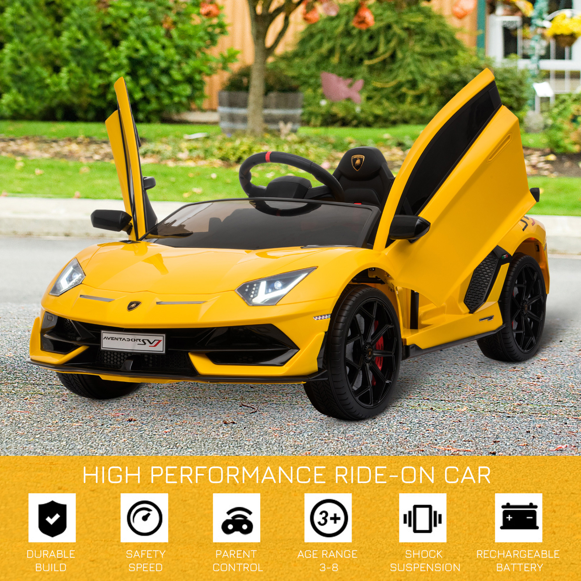 HOMCOM 12V Kids Electric Ride On Car Lamborghini Aventador with Remote Control, Music & Lights - Yellow MyLibelula