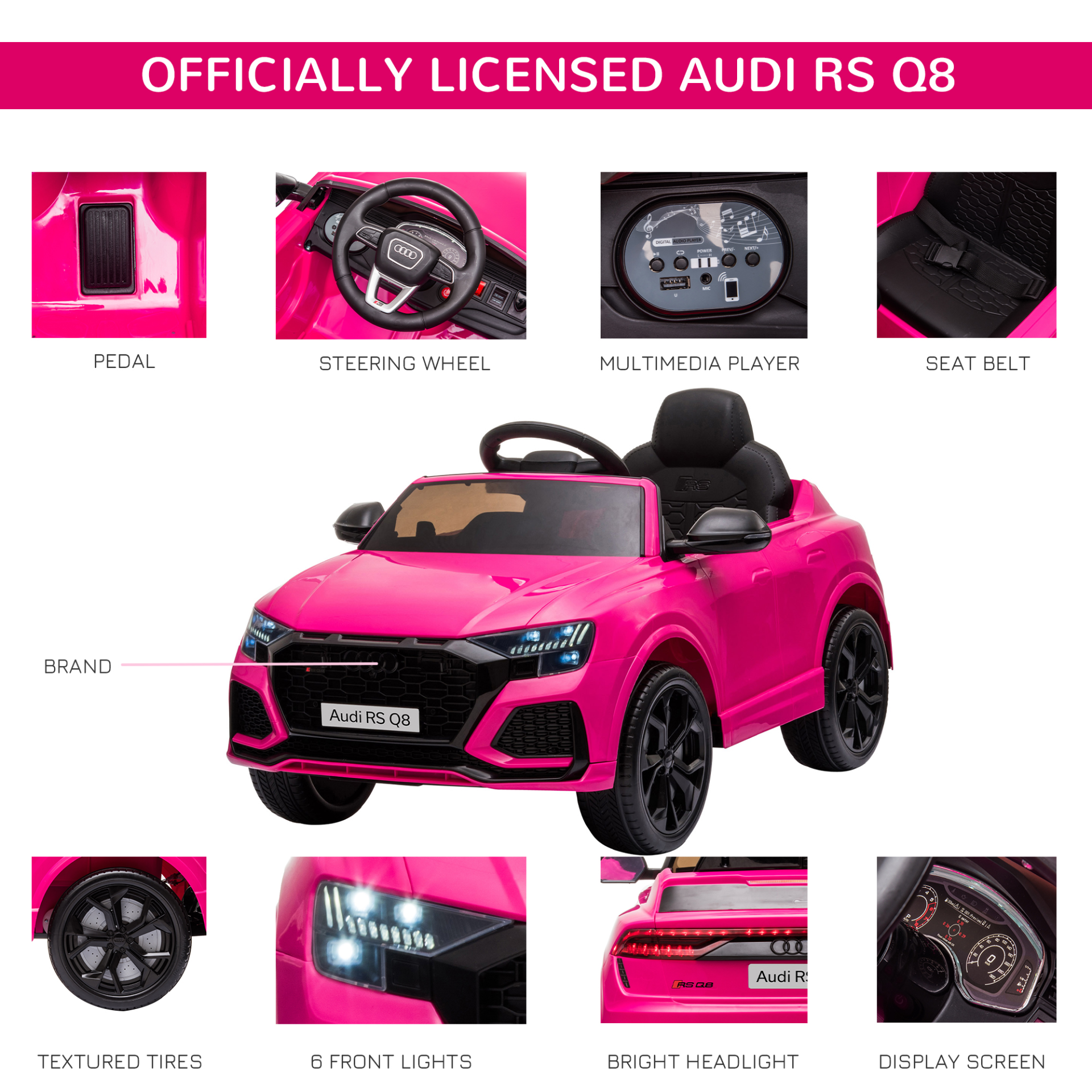 HOMCOM 6V Kids Electric Ride On Car - RS Q8 Licensed Toy Car with Remote Control, Music, Lights, USB MP3 & Bluetooth for Ages 3-5, Pink MyLibelula