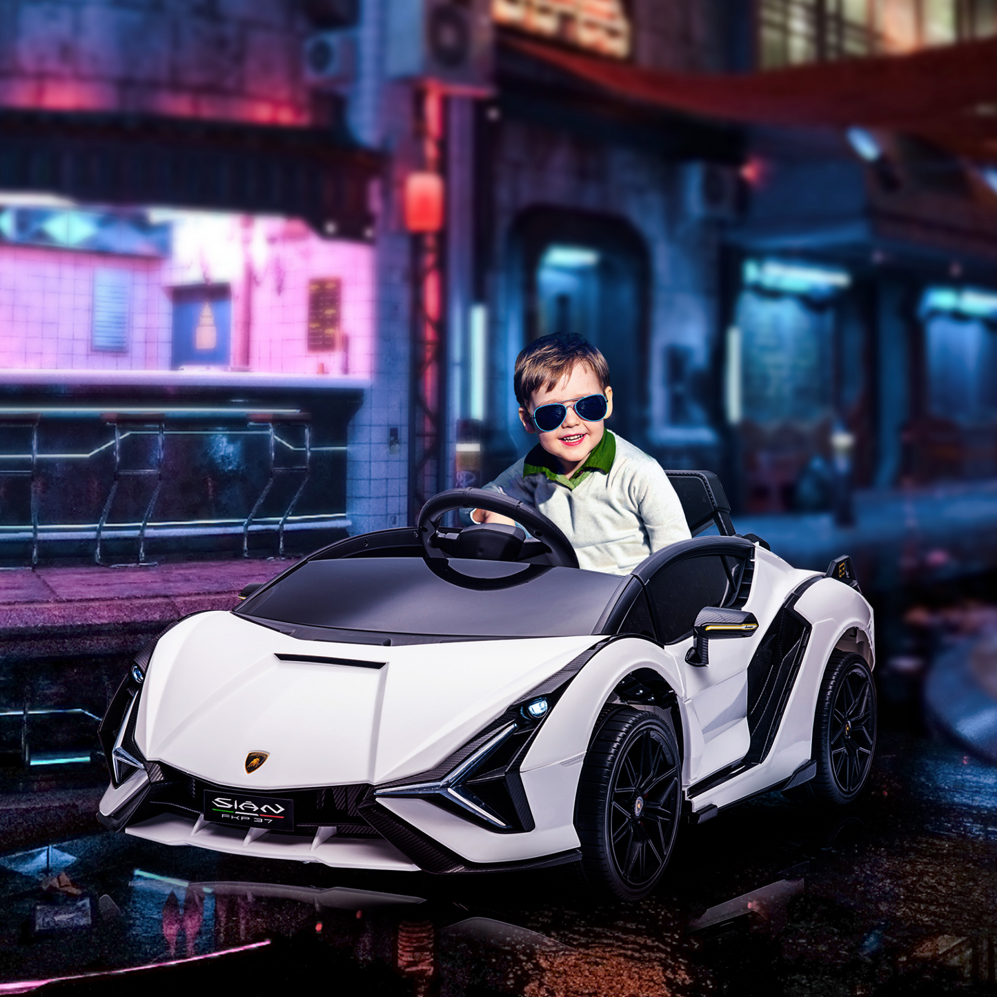 HOMCOM 12V Kids Electric Ride On Car - Licensed Lamborghini Sian Toy Car with Remote Control, Music & Lights - For Ages 3-5 - White MyLibelula