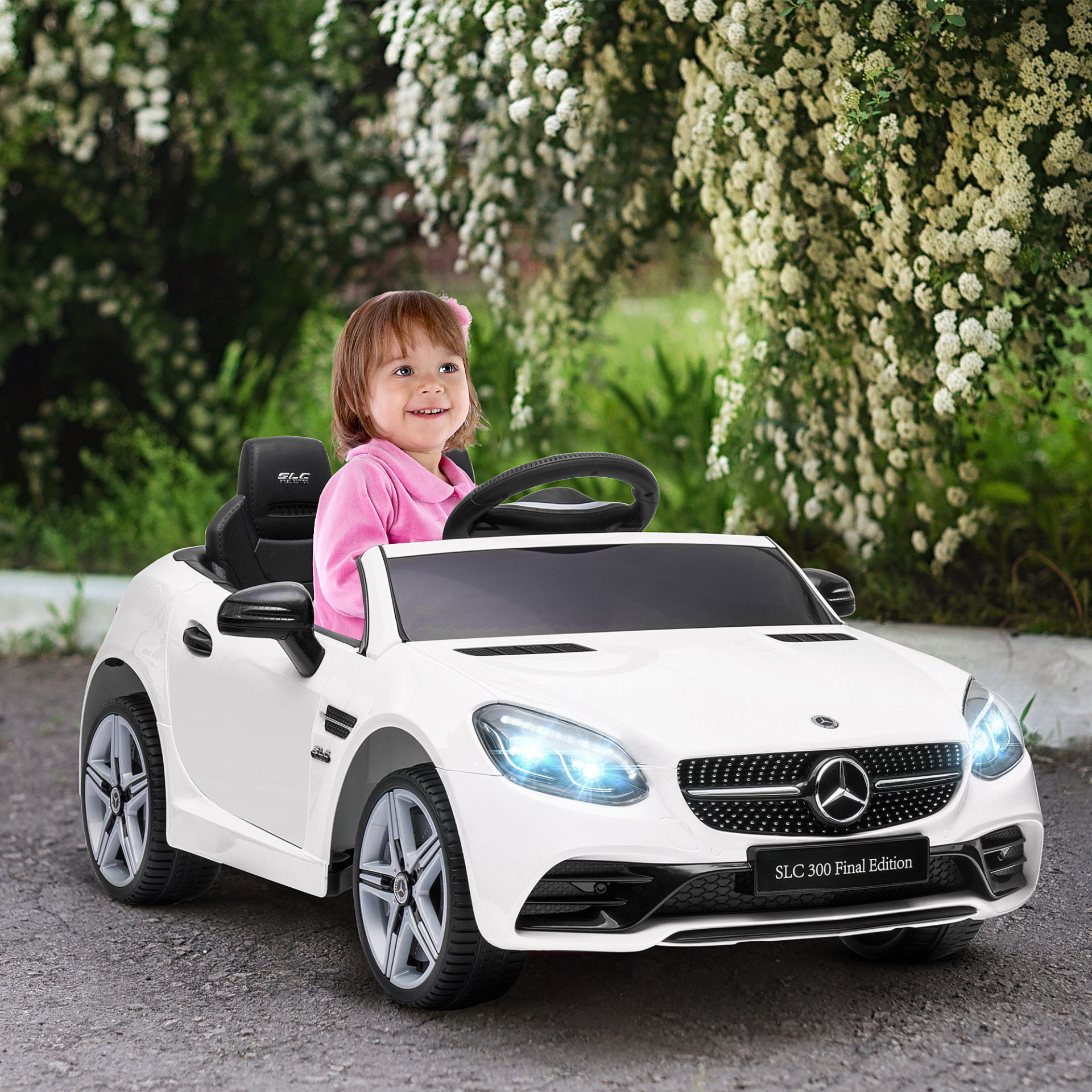 HOMCOM AIYAPLAY Benz SLC 300 Licensed 12V Kids Electric Ride On Car with Remote Control, Music & Lights - White MyLibelula