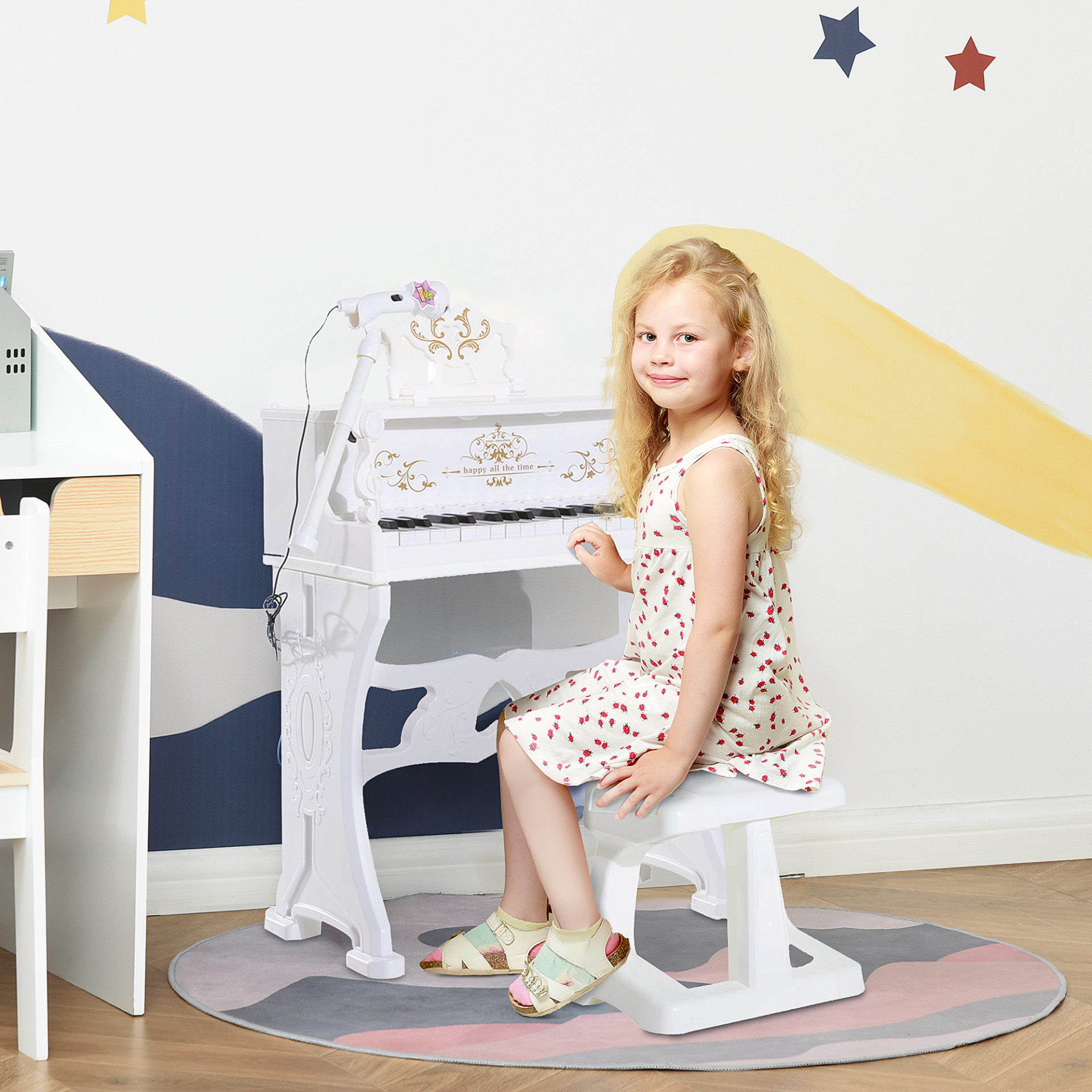 HOMCOM 37-Key Kids Piano Mini Electronic Keyboard with Lights, Stool, Microphone & Music Stand - White MyLibelula