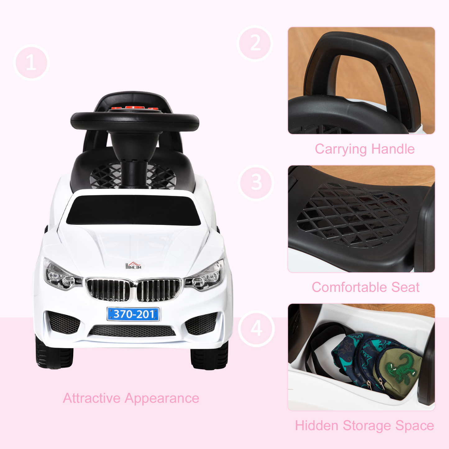 HOMCOM Ride On Car for Toddlers, Foot to Floor Sliding Car with Horn, Music, Lights & Storage, White MyLibelula