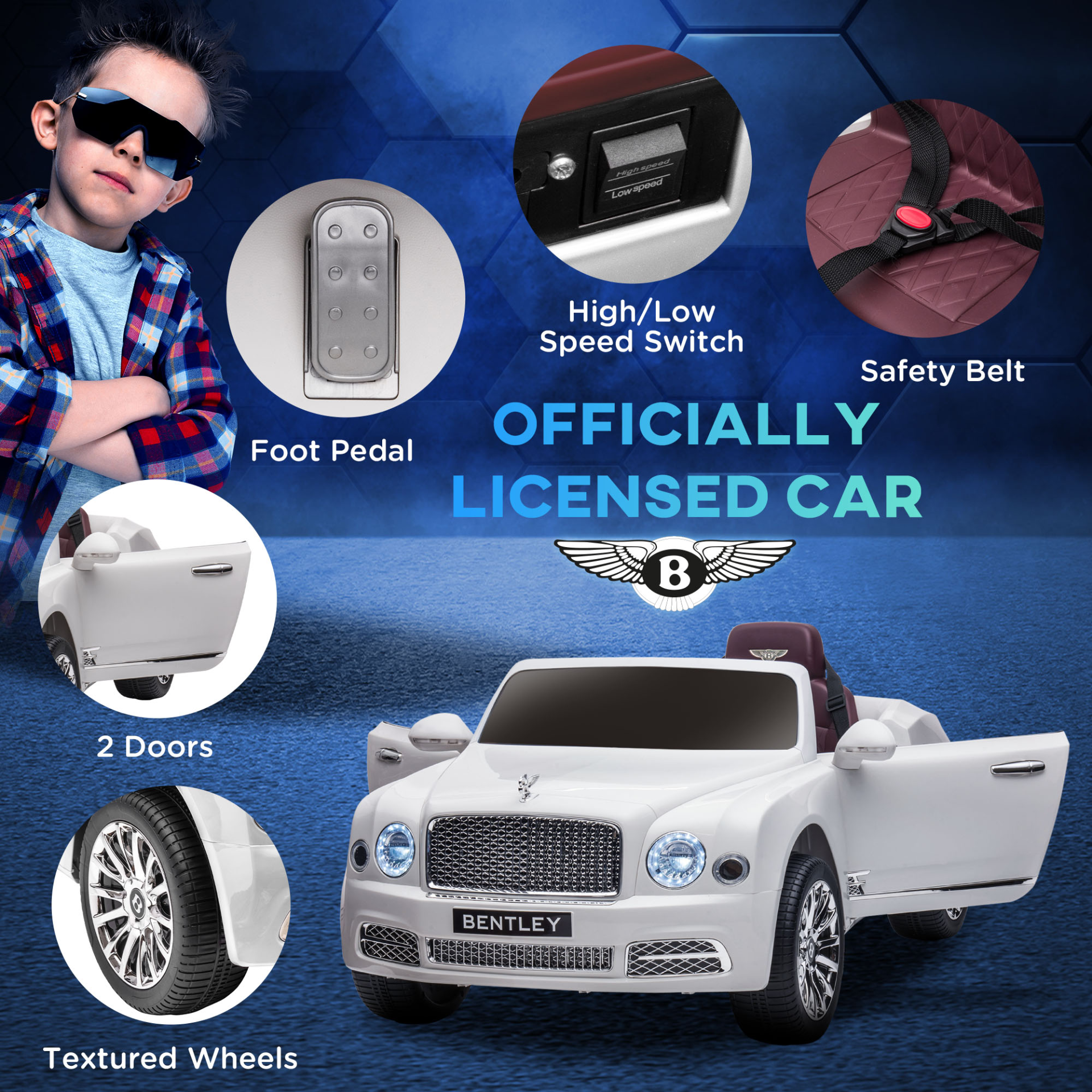 HOMCOM Bentley Mulsanne 12V Kids Electric Ride-On Car with Remote Control, Music & Lights - White MyLibelula