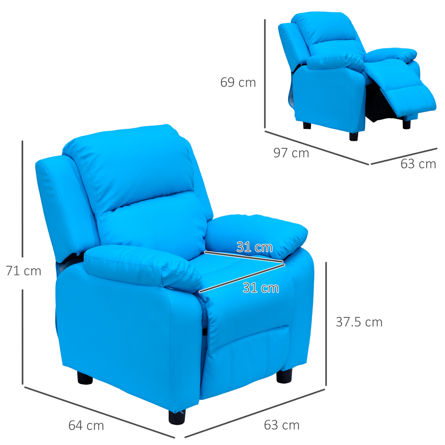 HOMCOM Kids Recliner Lounger Armchair Games Chair w/ Storage Space (Blue) - PU Leather MyLibelula