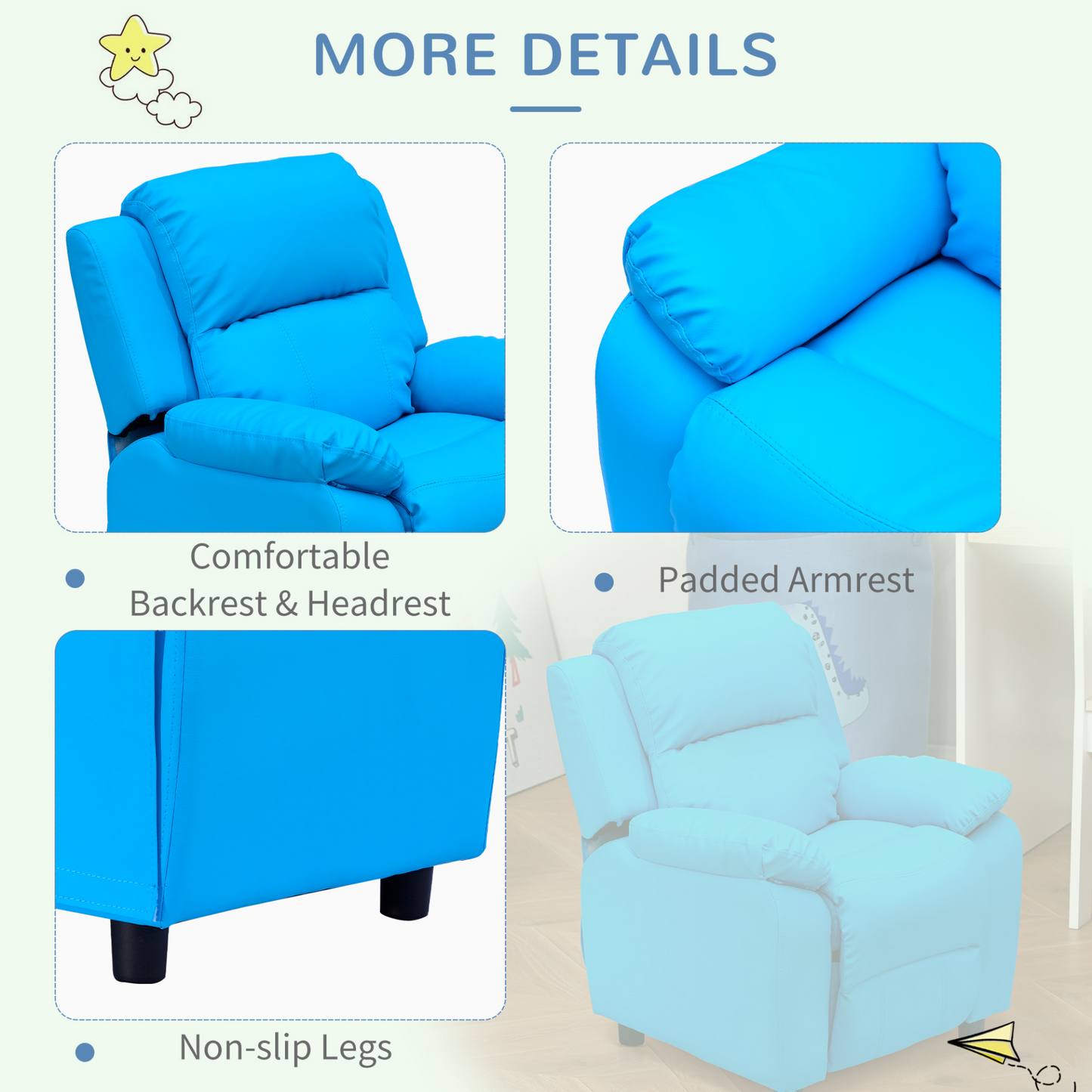 HOMCOM Kids Recliner Lounger Armchair Games Chair w/ Storage Space (Blue) - PU Leather MyLibelula