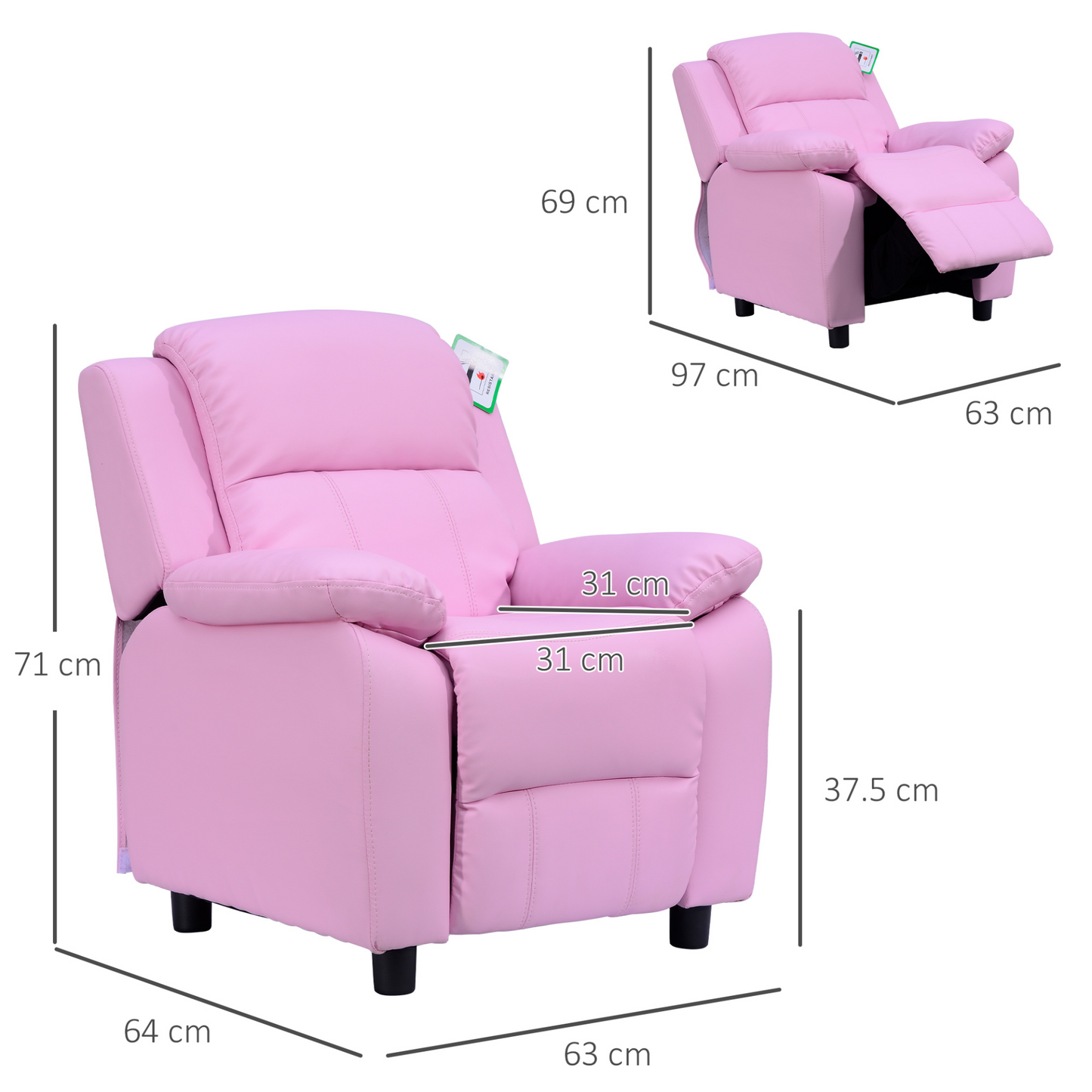 HOMCOM Kids Recliner Lounger Armchair w/ Storage Space - Pink PU Leather MyLibelula