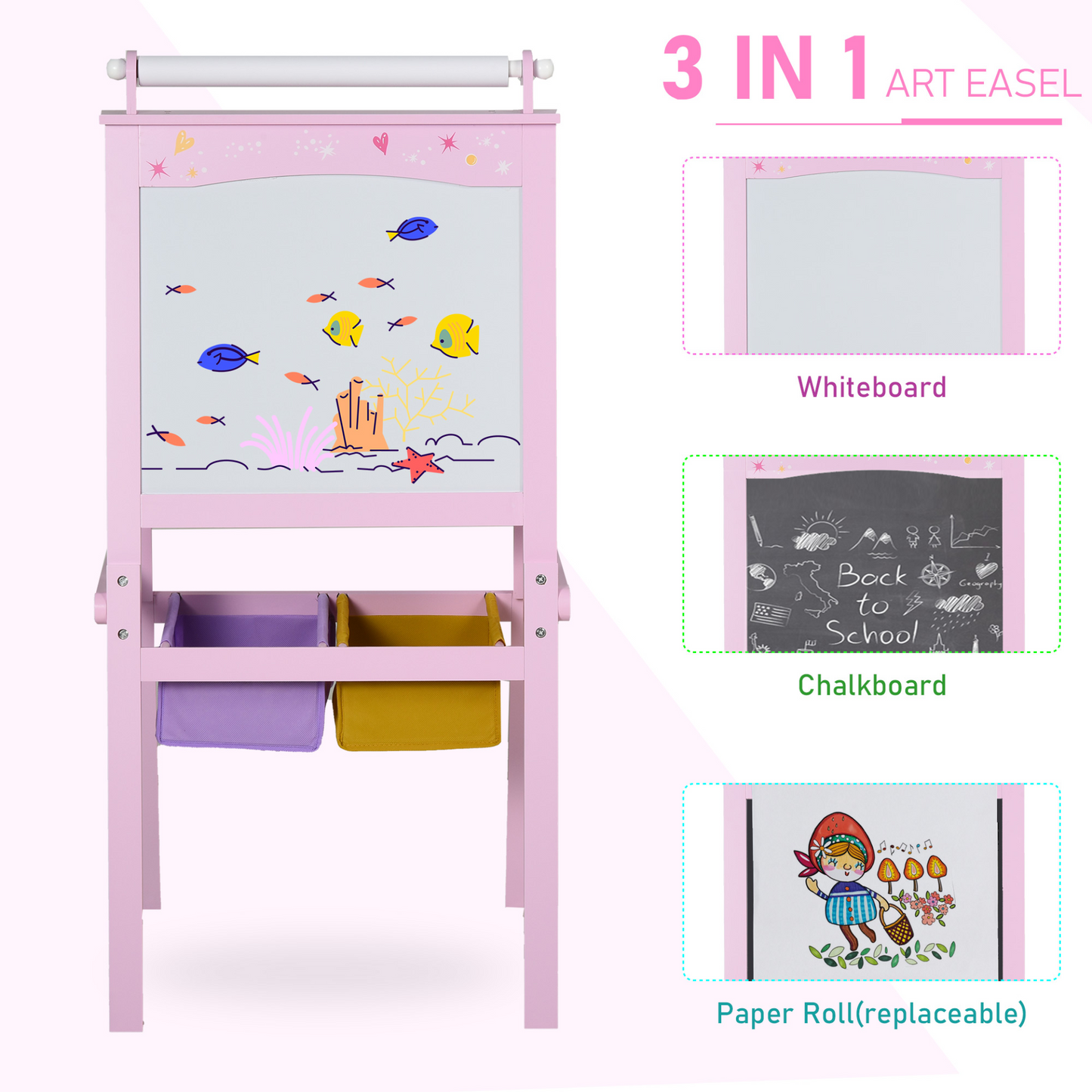 HOMCOM 3 In 1 Kids Wooden Art Easel with Paper Roll, Double-Sided Chalkboard & Whiteboard, Storage Baskets, Gift for Toddler Girl Age 3+, Pink MyLibelula