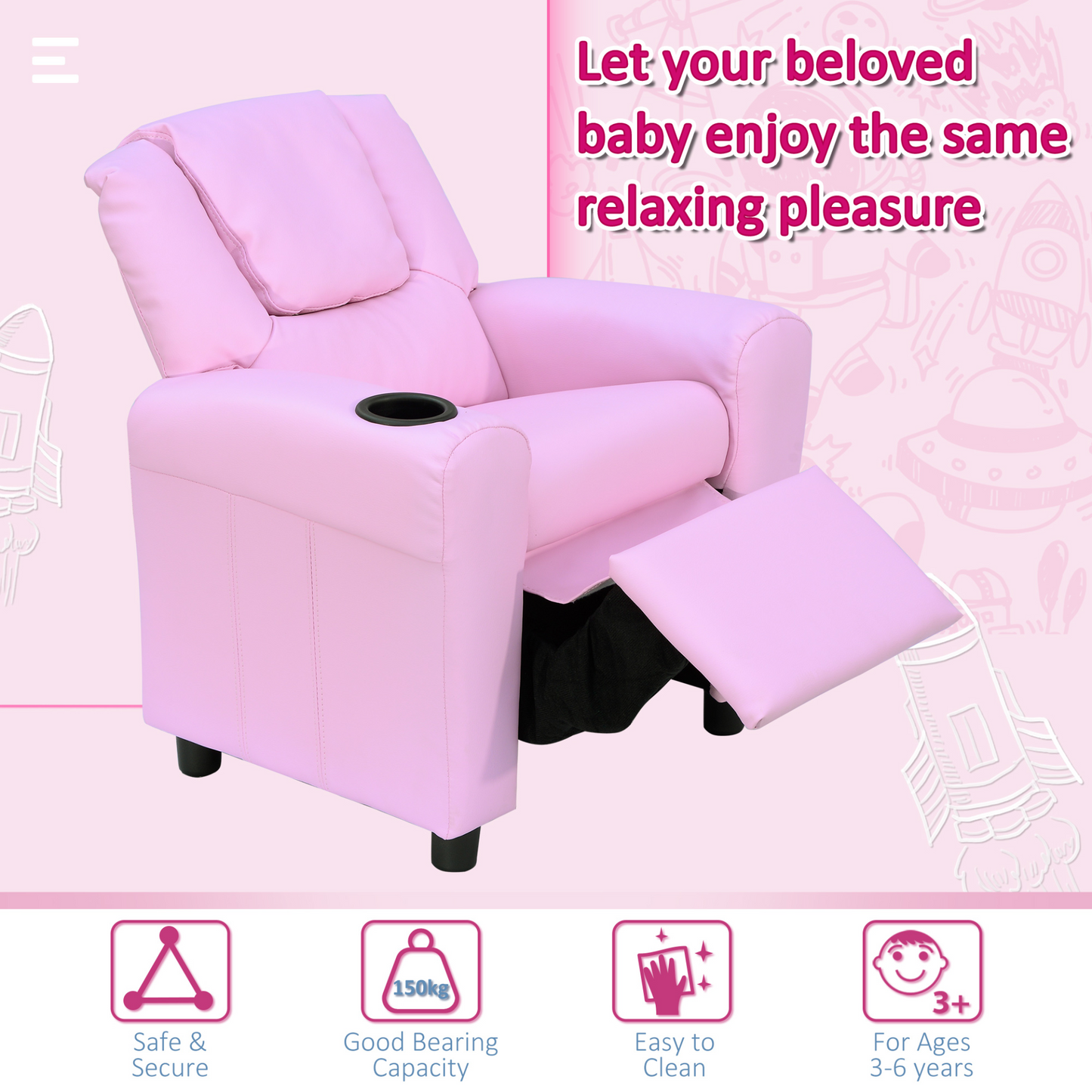 HOMCOM Kids Pink Recliner Lounger Armchair with Cup Holder – PU Leather Look MyLibelula