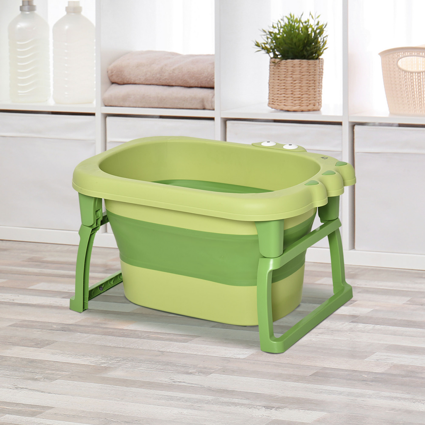 HOMCOM Baby Bathtub 0-6 Years - Collapsible, Non-Slip, Portable with Stool Seat - Green MyLibelula