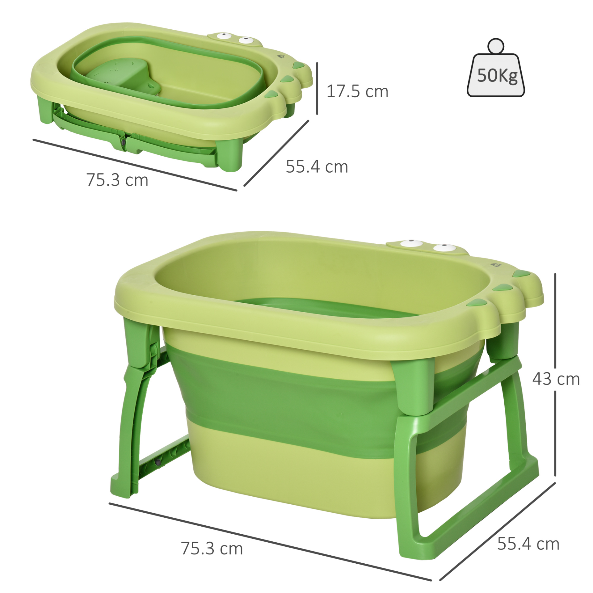 HOMCOM Baby Bathtub 0-6 Years - Collapsible, Non-Slip, Portable with Stool Seat - Green MyLibelula