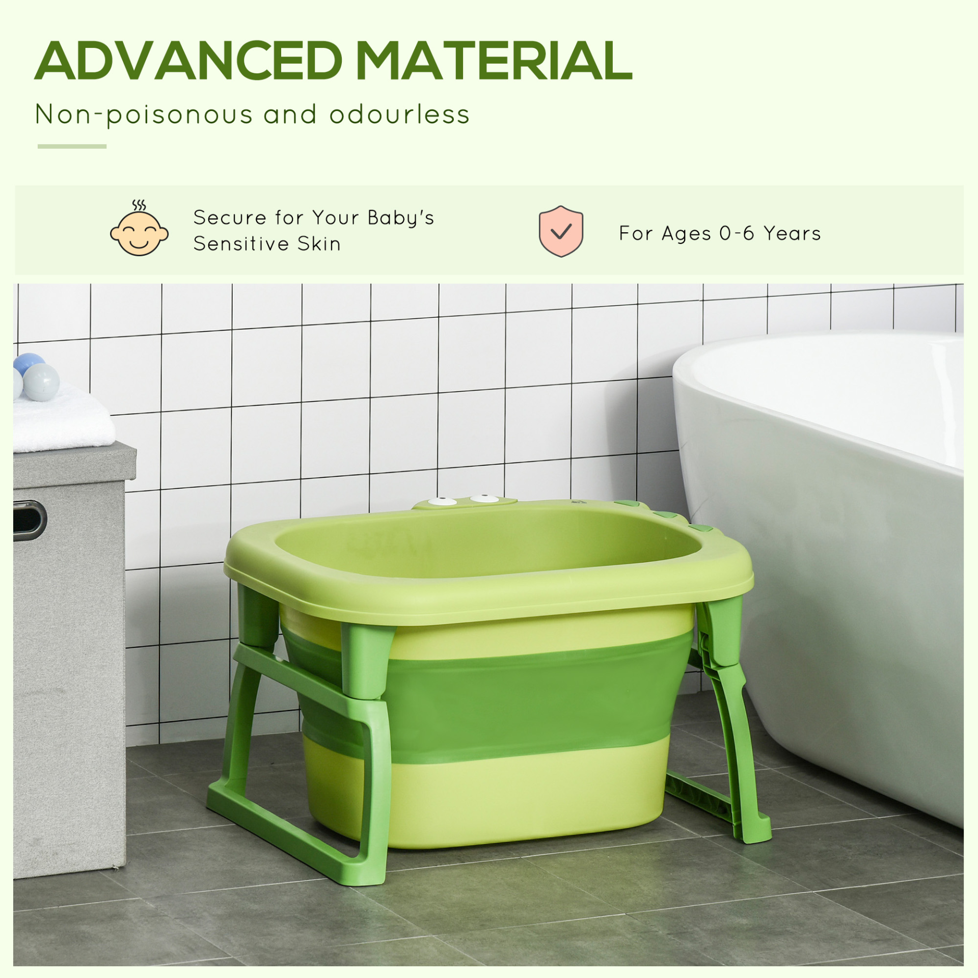 HOMCOM Baby Bathtub 0-6 Years - Collapsible, Non-Slip, Portable with Stool Seat - Green MyLibelula