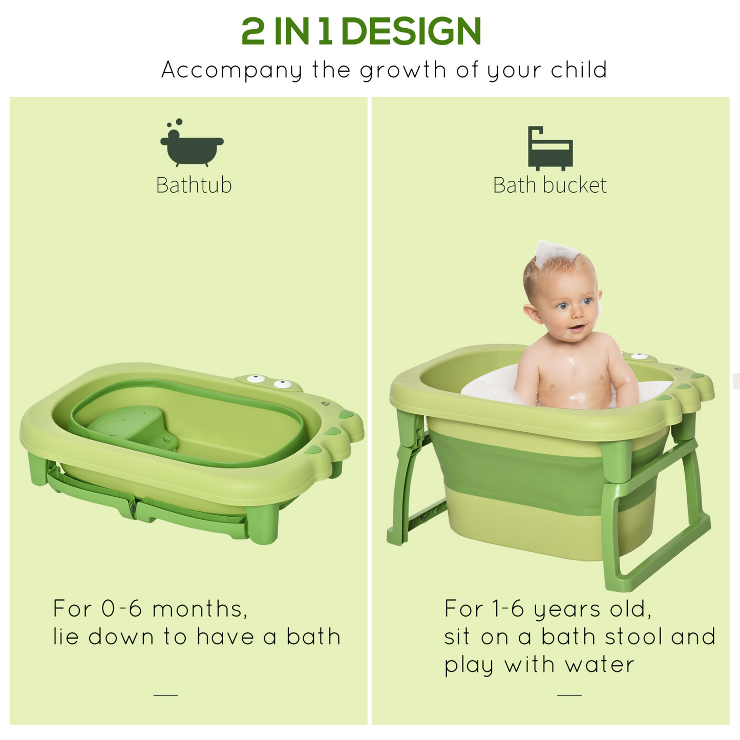 HOMCOM Baby Bathtub 0-6 Years - Collapsible, Non-Slip, Portable with Stool Seat - Green MyLibelula