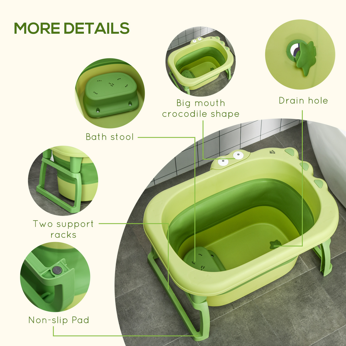 HOMCOM Baby Bathtub 0-6 Years - Collapsible, Non-Slip, Portable with Stool Seat - Green MyLibelula