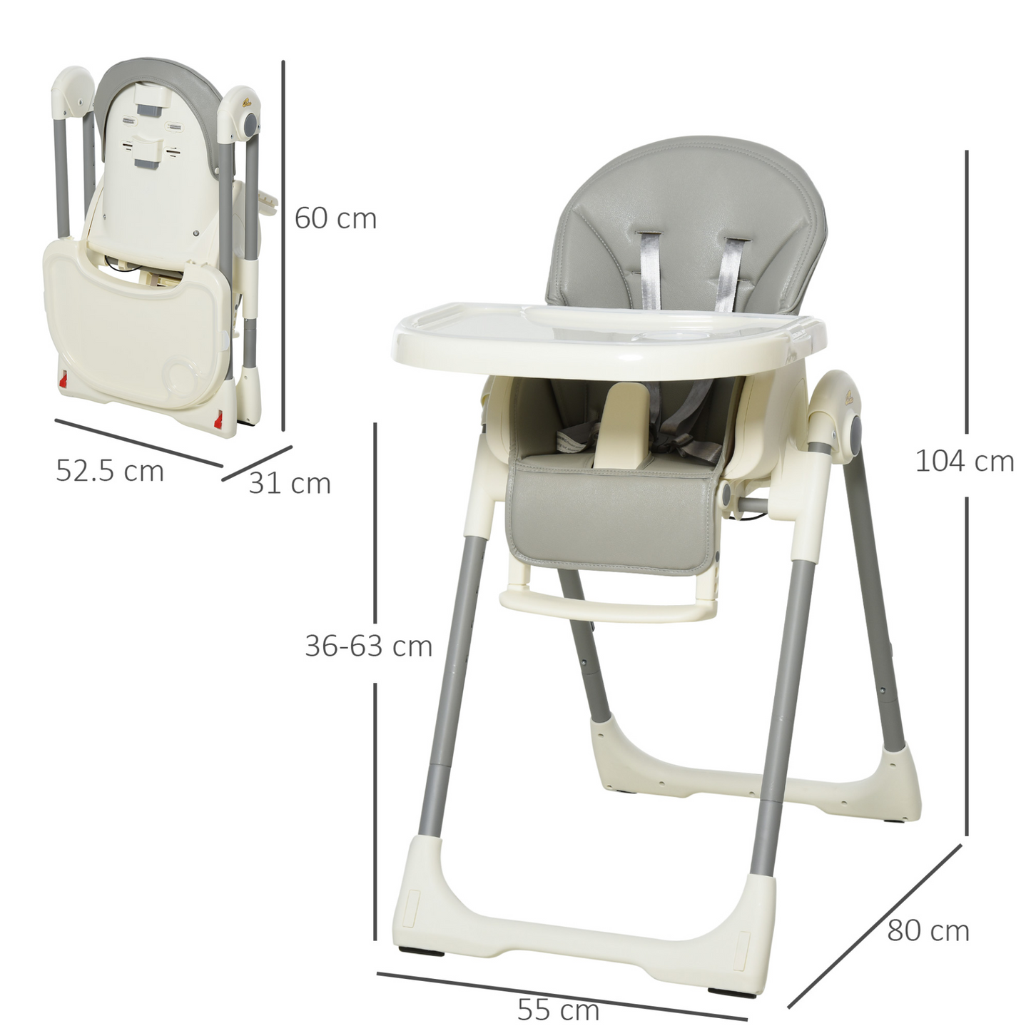 HOMCOM Foldable Baby High Chair - Convertible Feeding & Toddler Chair with Adjustable Backrest, Footrest, and Tray - 5-Point Safety Harness, Grey MyLibelula