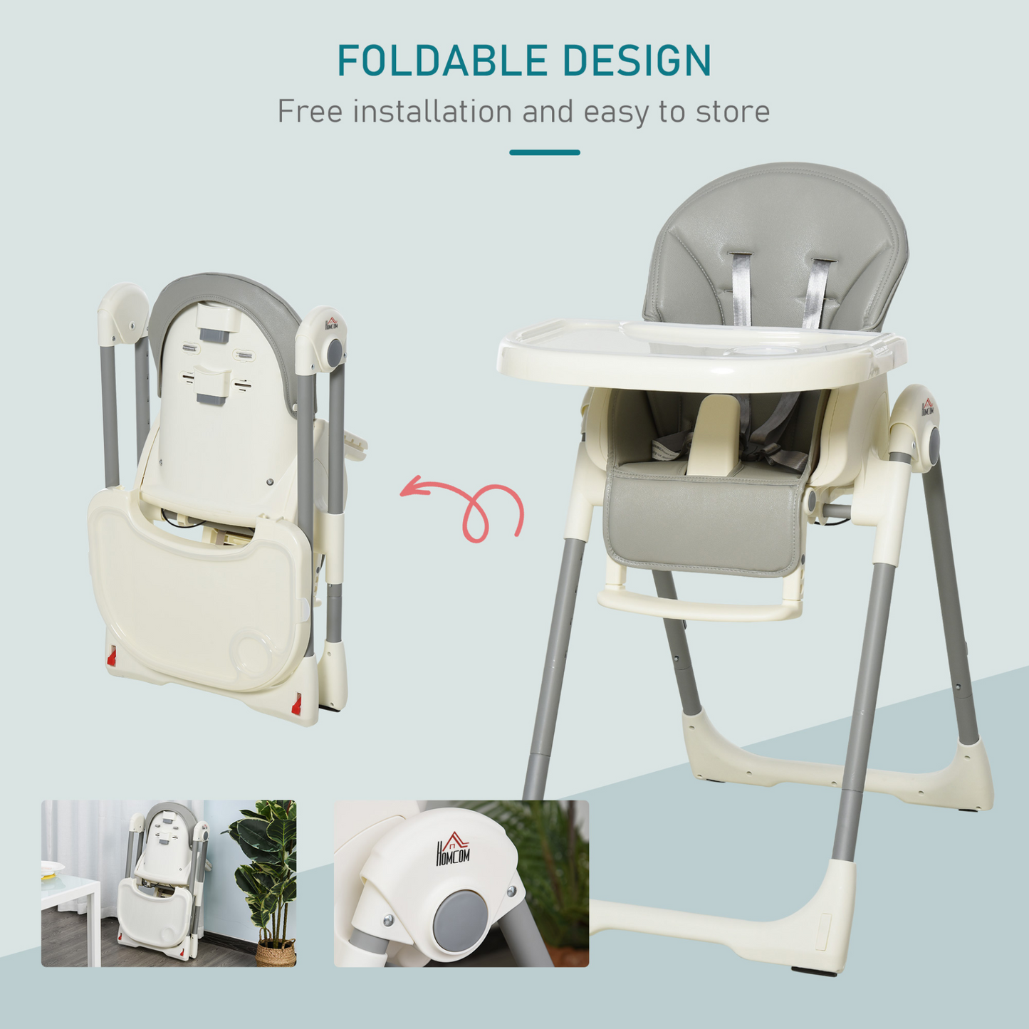 HOMCOM Foldable Baby High Chair - Convertible Feeding & Toddler Chair with Adjustable Backrest, Footrest, and Tray - 5-Point Safety Harness, Grey MyLibelula