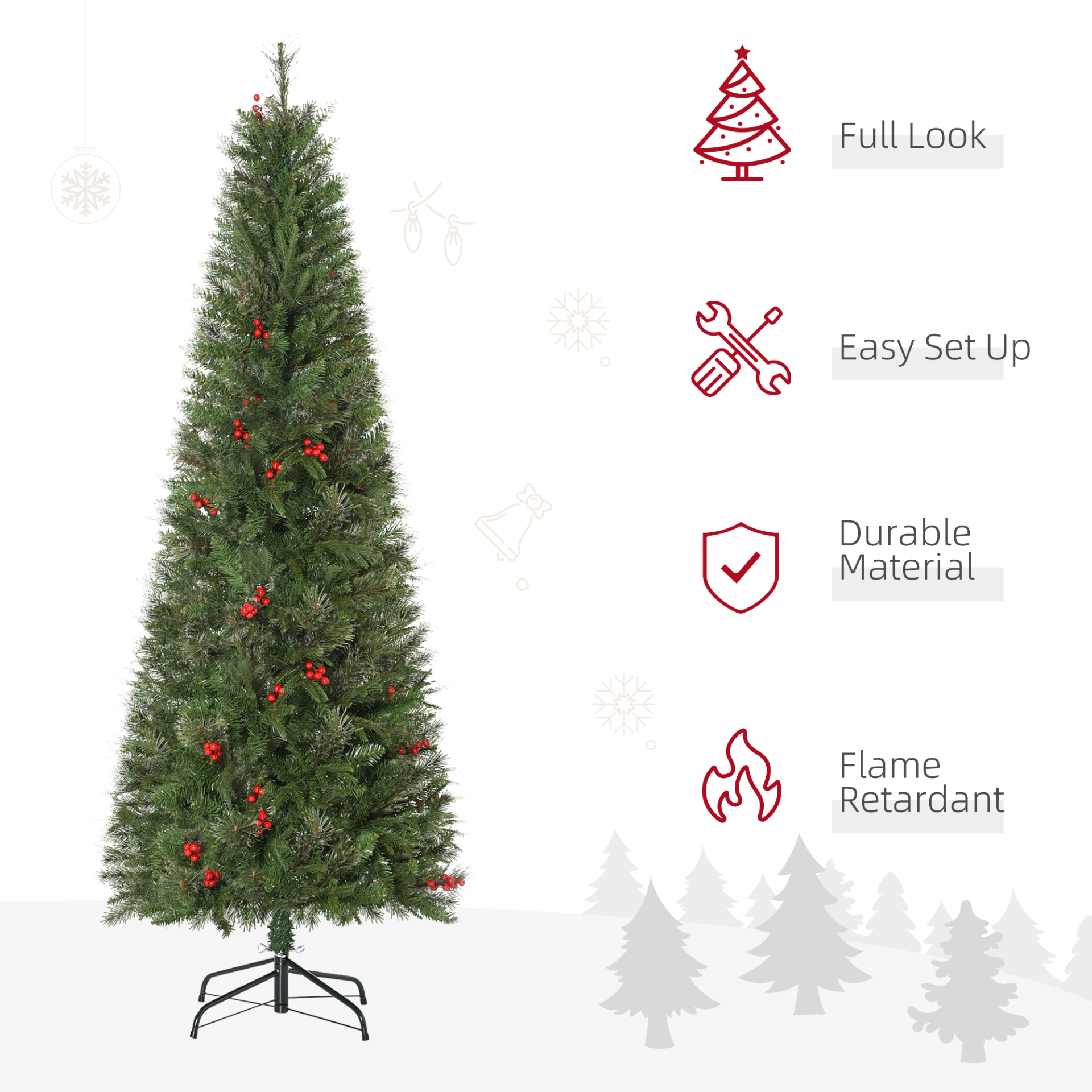 HOMCOM 6ft Pencil Artificial Christmas Tree with Realistic Branches and Red Berries - Easy Assembly, Green MyLibelula