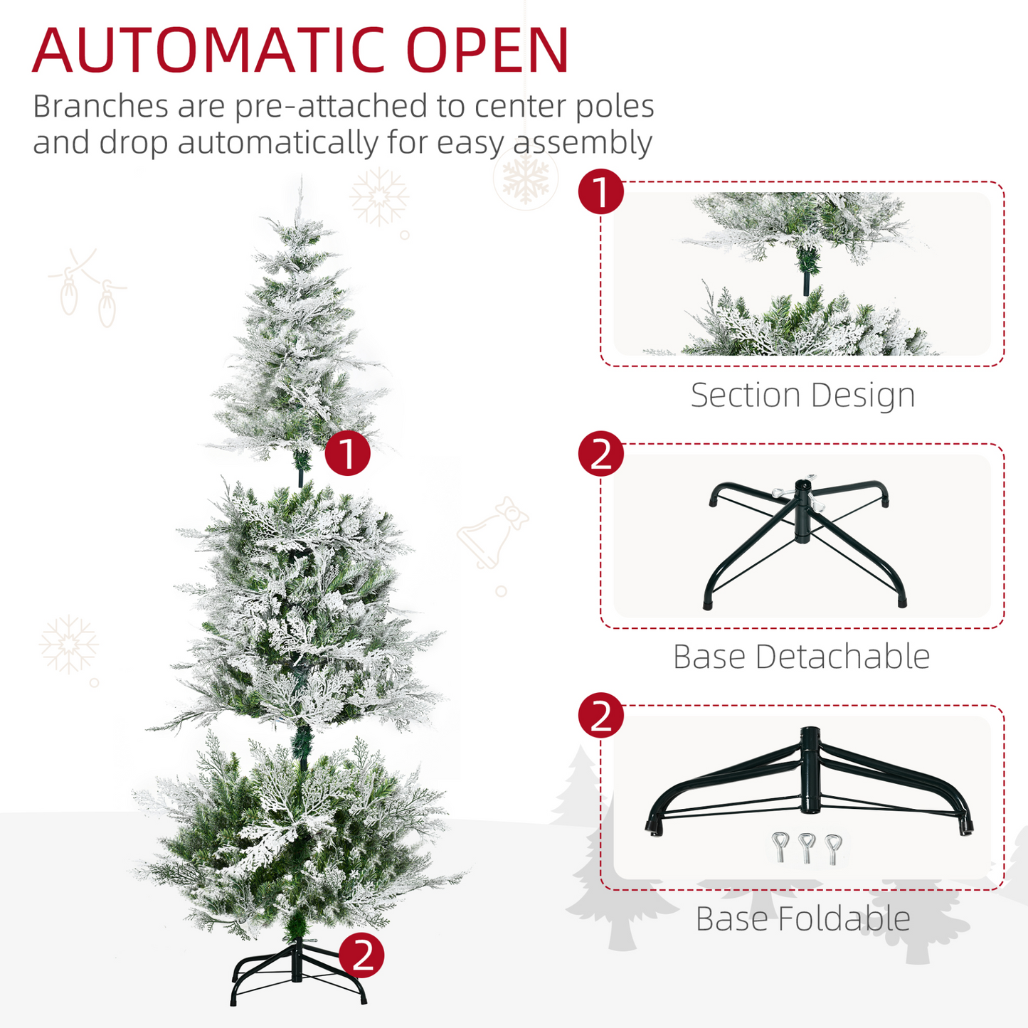 HOMCOM 6 Ft Pencil Snow Flocked Artificial Christmas Tree with Realistic Cypress Branches and Auto Open, Green MyLibelula