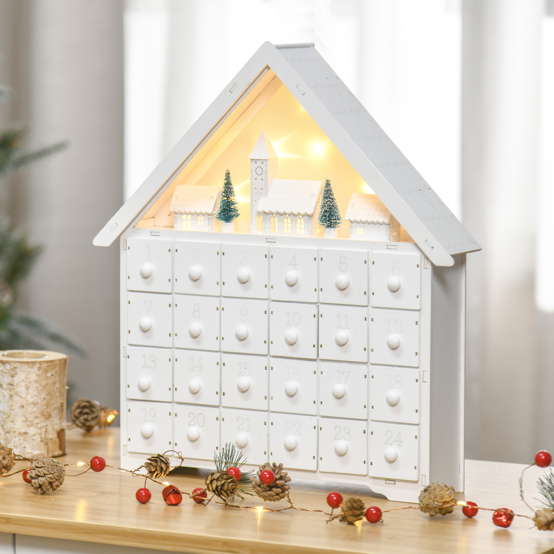 HOMCOM 24-Drawer Wooden Christmas Advent Calendar | Light-Up Holiday Decoration for Kids & Adults MyLibelula