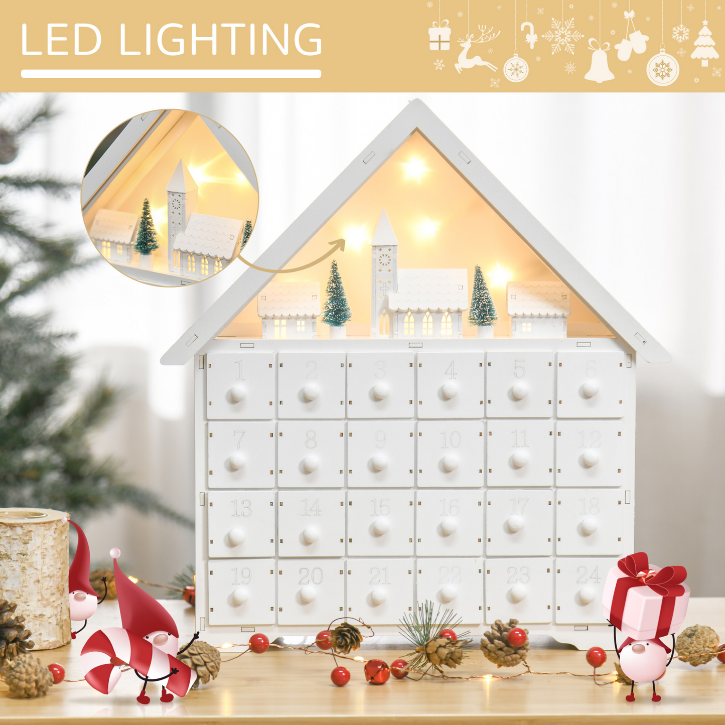 HOMCOM 24-Drawer Wooden Christmas Advent Calendar | Light-Up Holiday Decoration for Kids & Adults MyLibelula