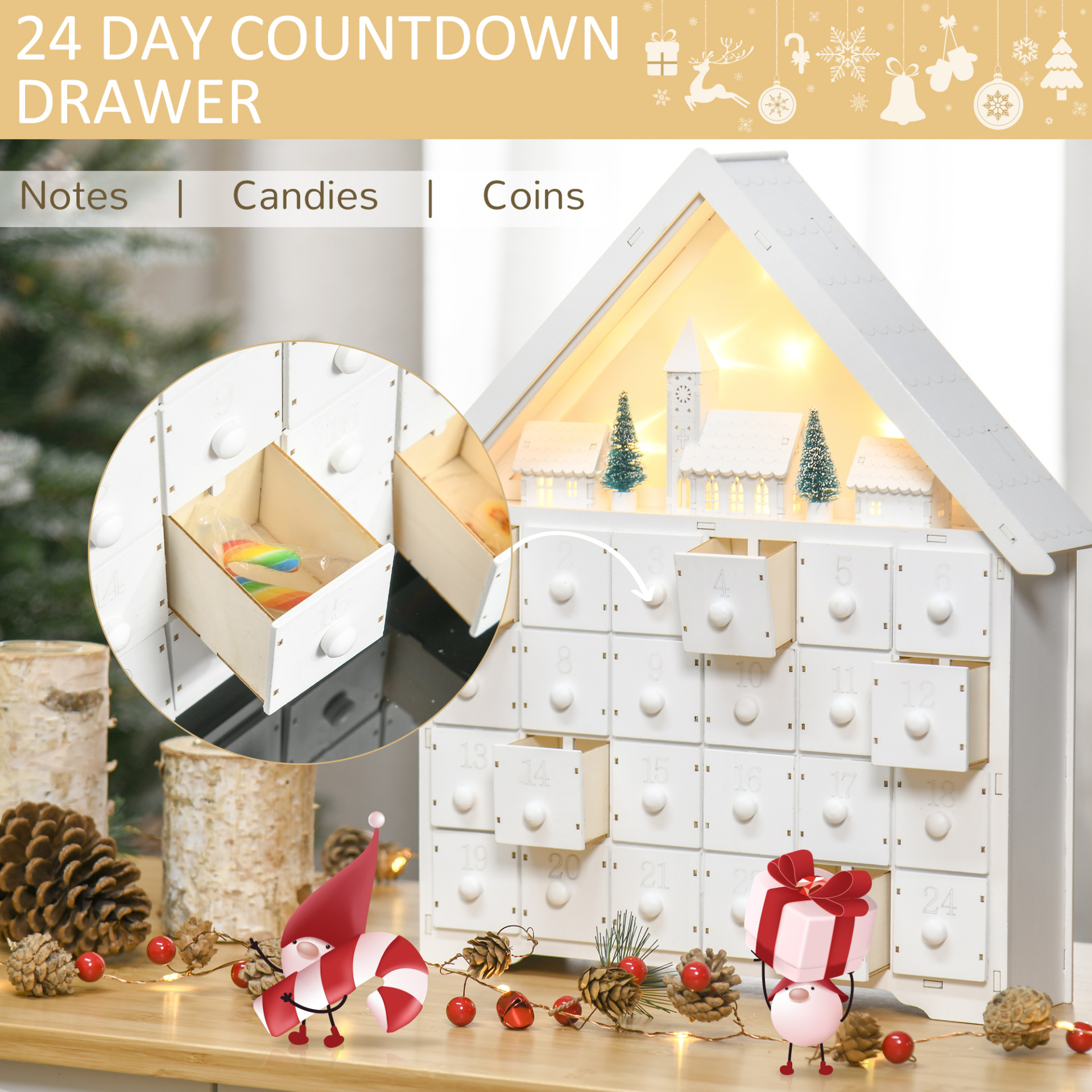 HOMCOM 24-Drawer Wooden Christmas Advent Calendar | Light-Up Holiday Decoration for Kids & Adults MyLibelula